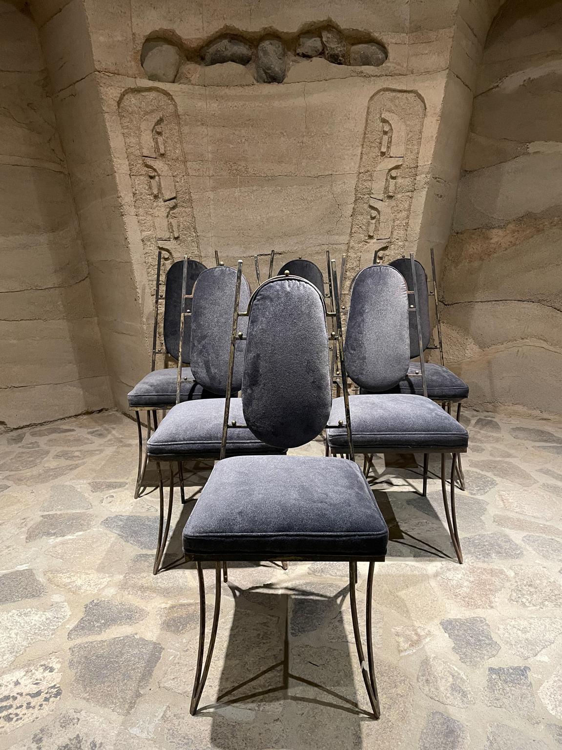 Arturo Pani Elegant Chairs Set of Six Metal with Gray Velvet Mexico City 
1950s Modernism
Fresh new dark gray fabric in a velvety texture
Iron frame is in gilt-gold leaf finish. Worn look. Bronze detailing.
39 tall x 19 d x 17 w Seat 19 h
Preowned