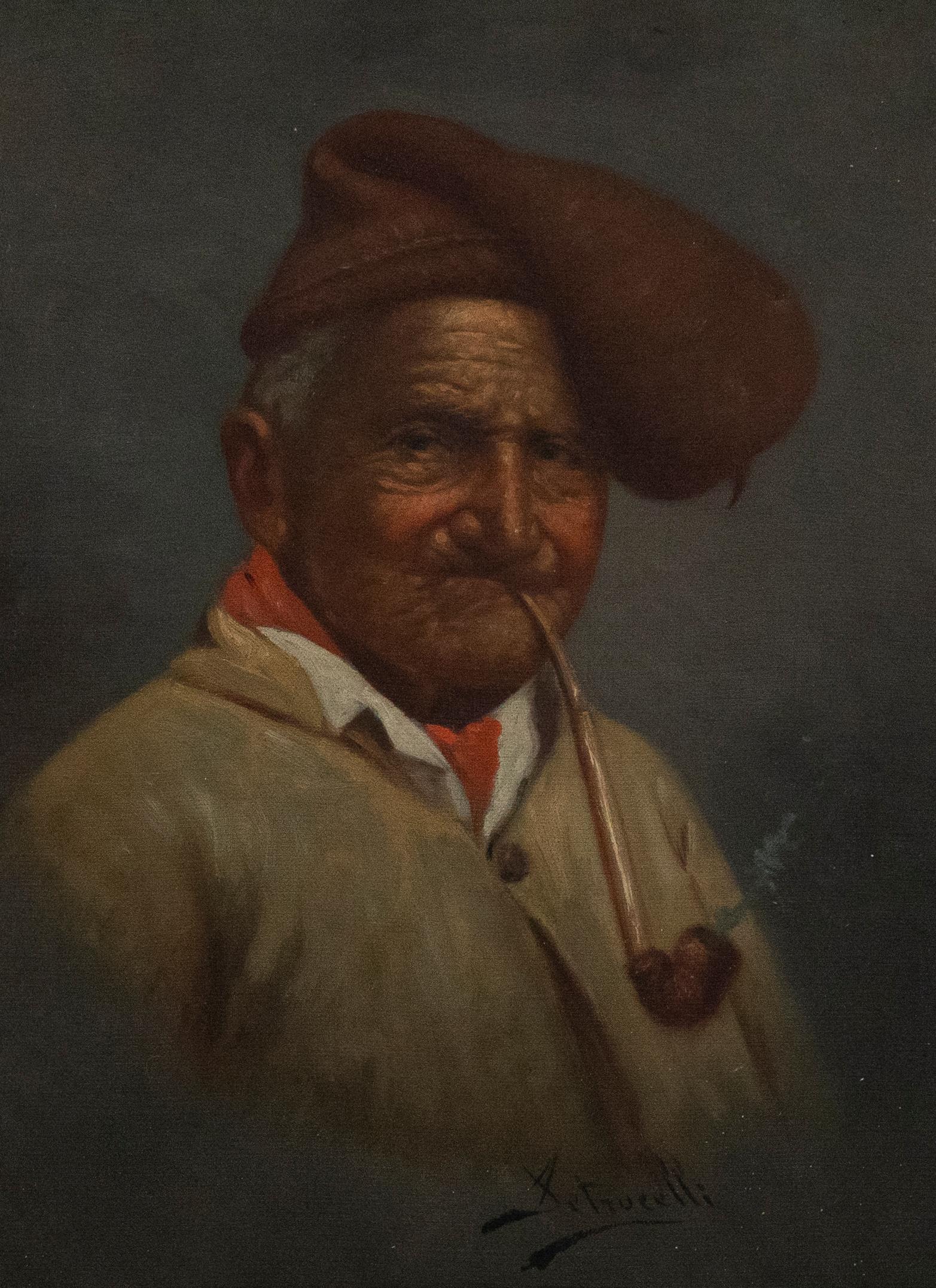 Un affascinante ritratto di scuola italiana che raffigura un anziano signore sorridente con la pipa in bocca. Firmato in basso a destra. Presentato in una cornice dorata. Su tela.