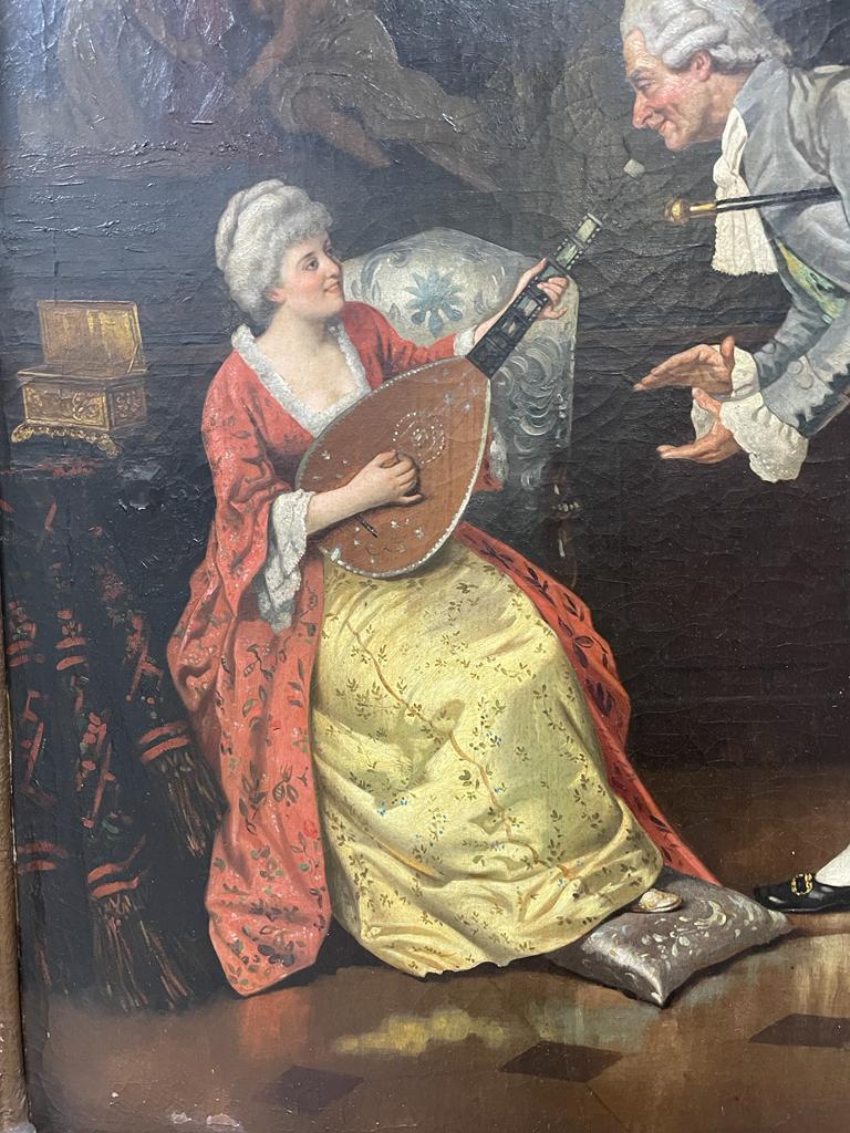 ARTURO RICCI (1854-1919)
Scena Galante. 
Oil on canvas. 
signed.
Size: 33 1/2 inches x 251/2 inches

BIO: was an Italian painter, known for his figurative subjects, genre scenes, and part of family life. The wealthy class created by the Industrial