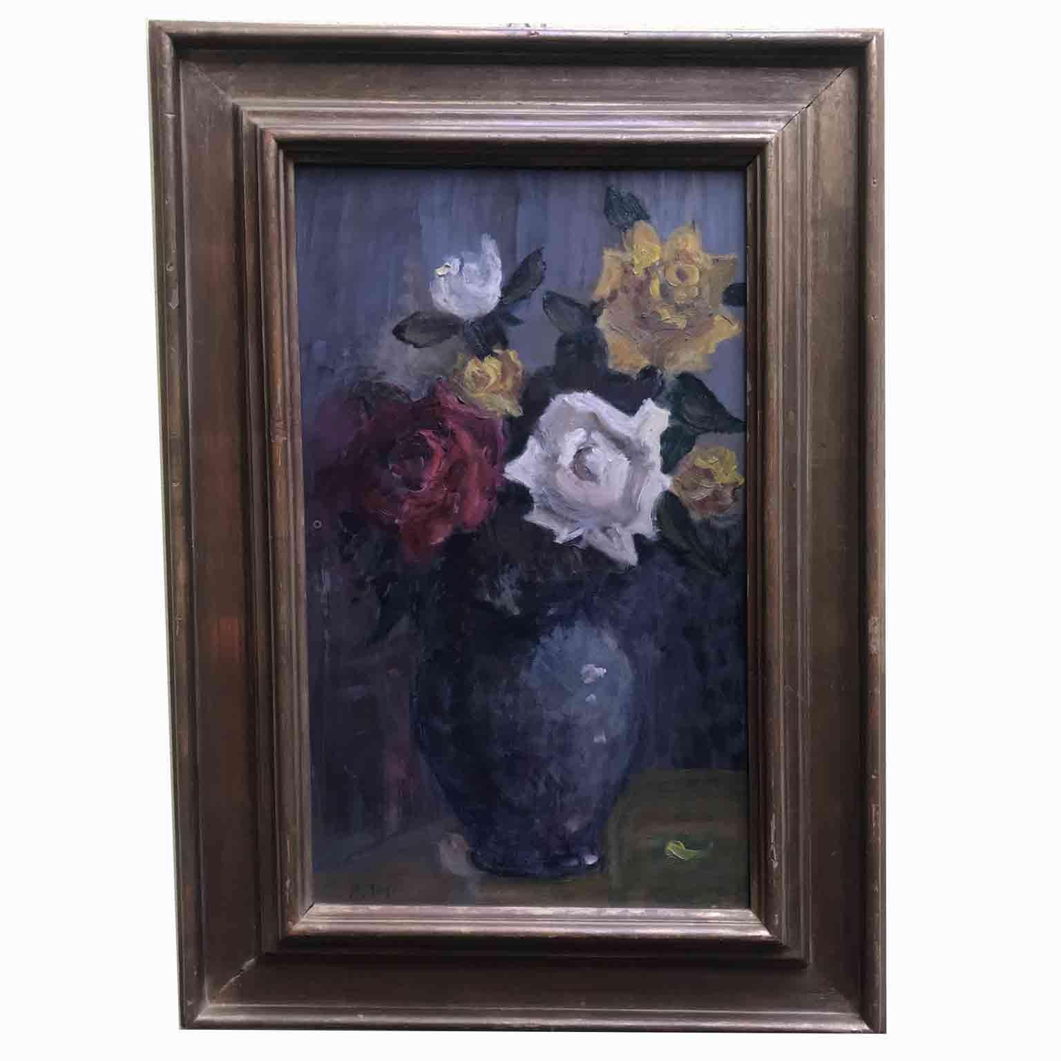A flowers painting, an Italian polychrome roses composition set in a blue pottery vase, a 20th century Italian still-life of flowers, oil painted on Masonite panel, measuring 56,5 cm by 35, signed lower left A.Tosi by the Italian Lombard painter