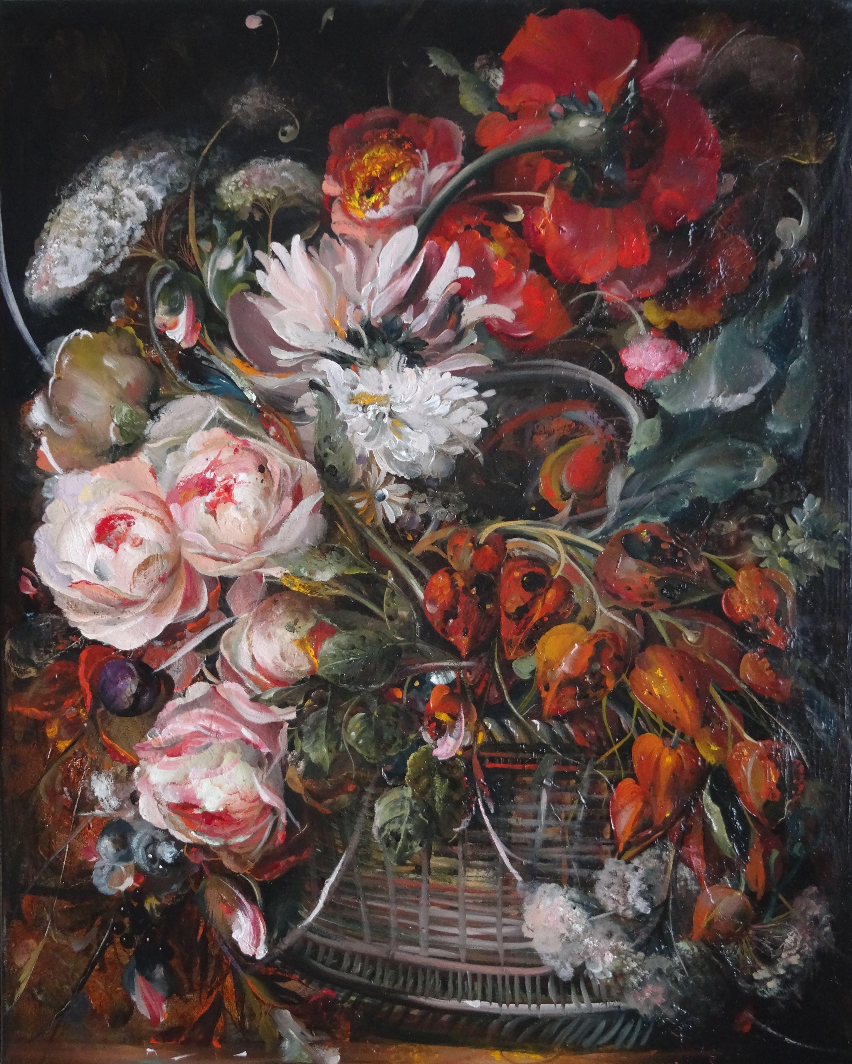 Arturs Amatnieks (Leon)  Still-Life Painting - Still life with flowers and basket. 2021. Canvas, oil, 76x61 cm