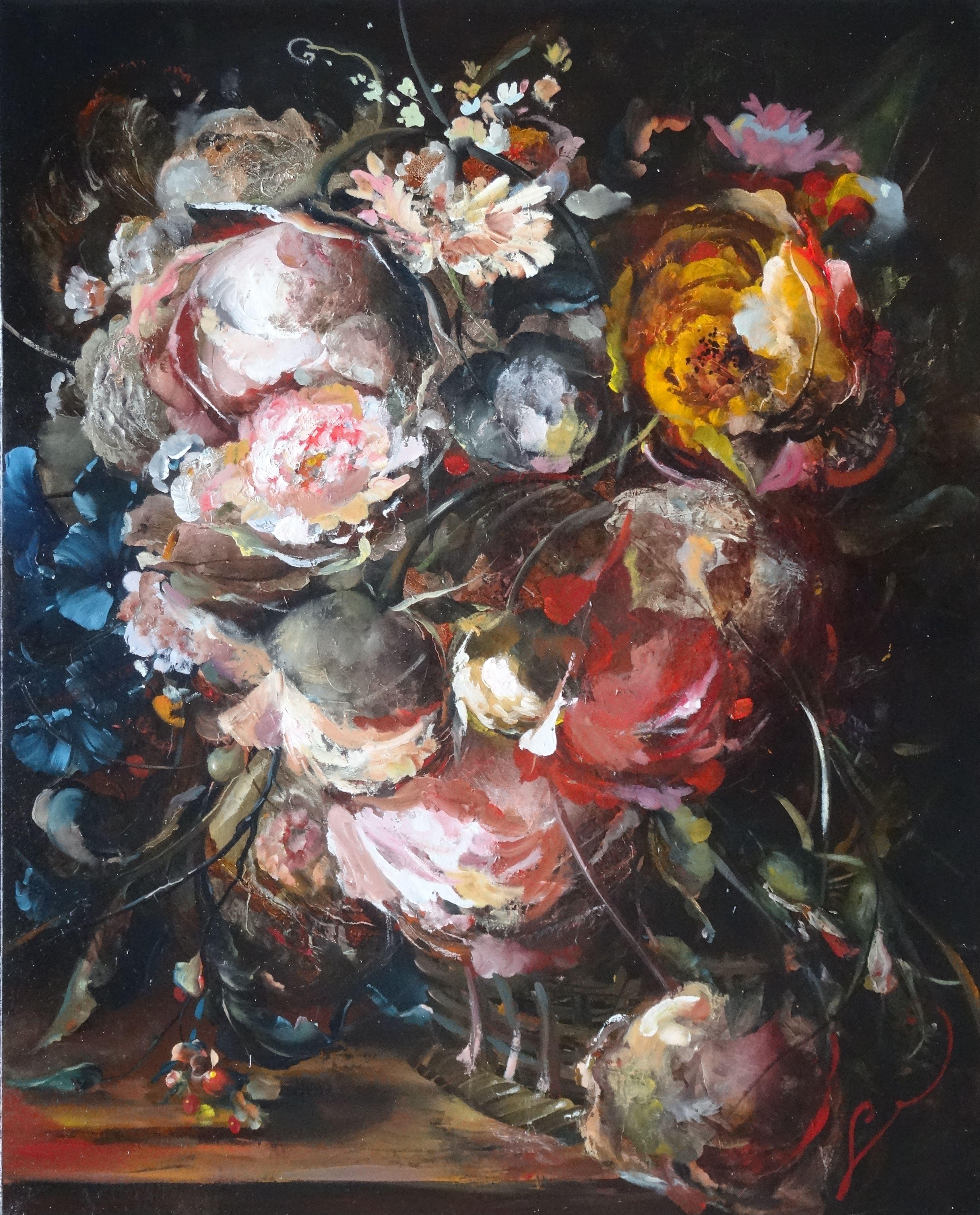 Still-Life Painting Arturs Amatnieks (Leon)  - Transformation. Nature morte avec roses. 2021. Toile, huile, 76x61 cm