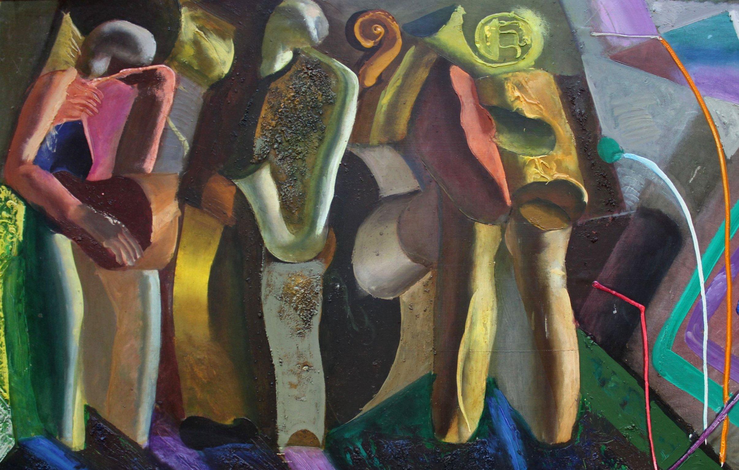 Musiker, 61,5x103, Öl/Karton, 1970 – Painting von Arturs Nikitins