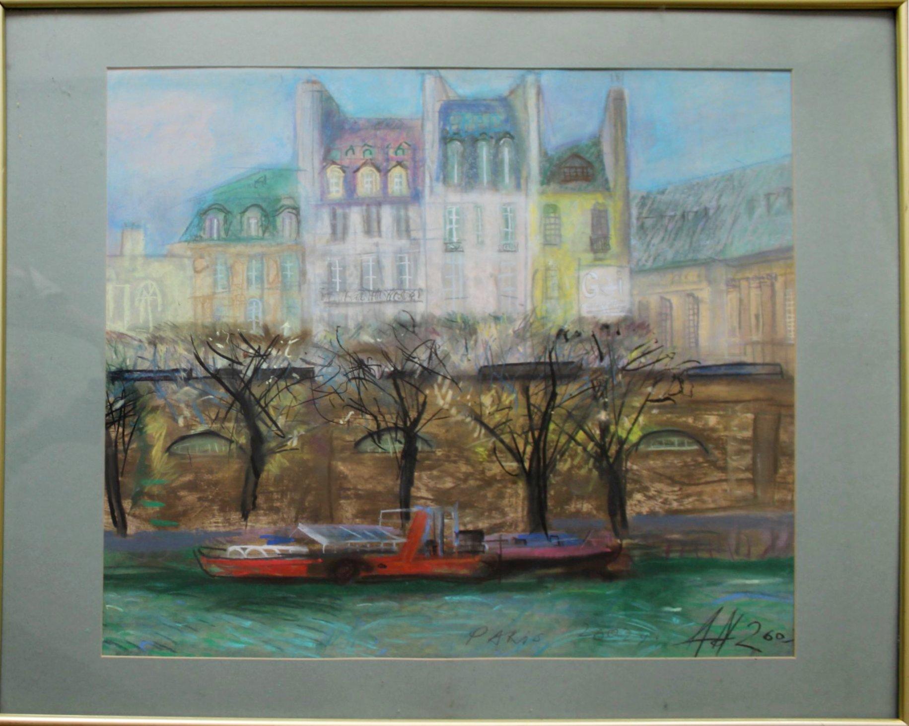 Paris, paper/pastel, 61x72 cm - Painting by Arturs Nikitins