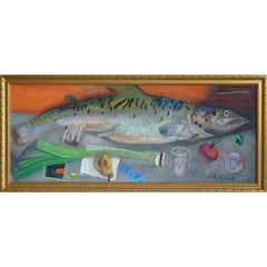 Stillleben mit Fischen. 1996, Pappe, Öl, 49x120 cm