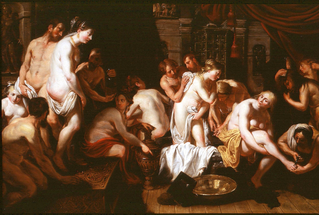 Esther im Frauenhaus von Ahasuerus – Painting von Artus Wolfort