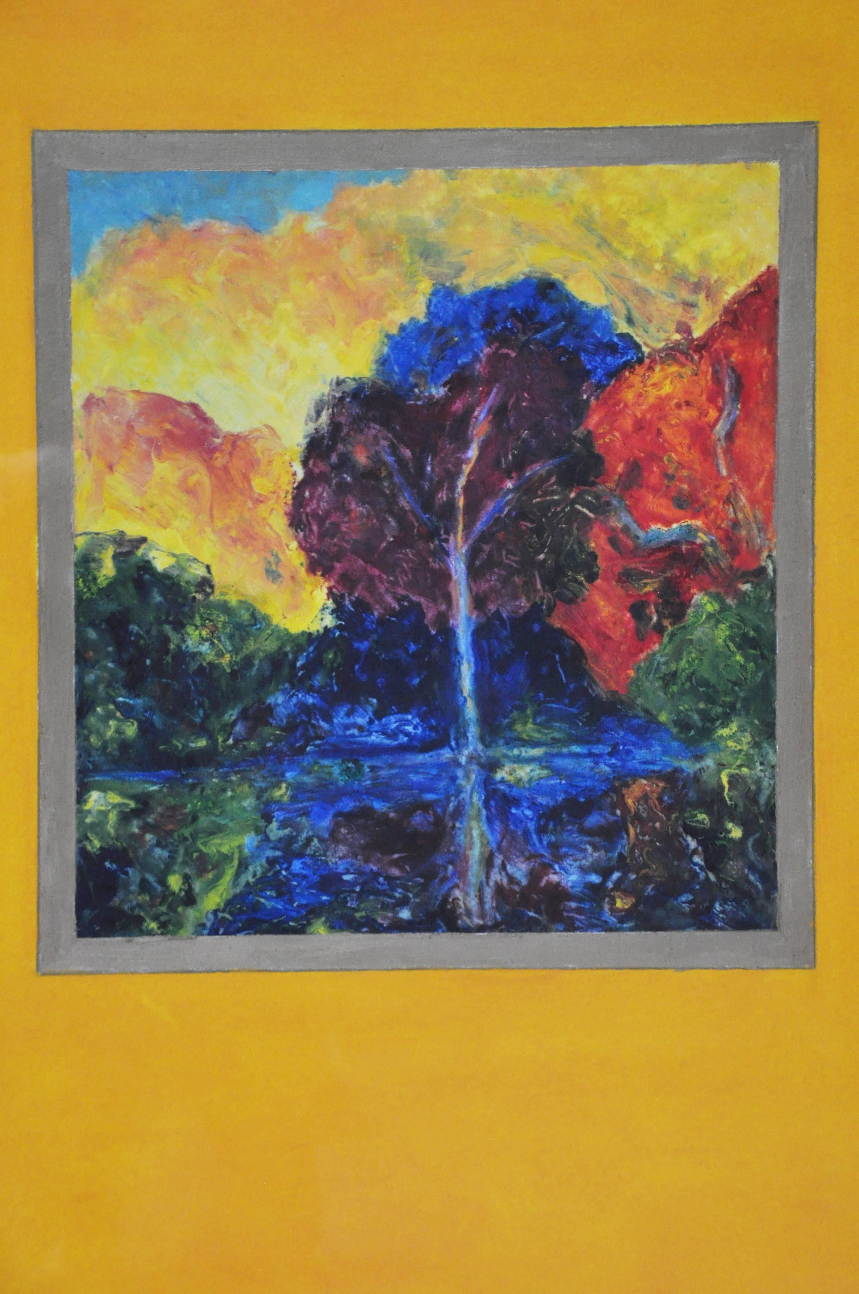 Beautiful print matted and framed in gold. This is a monotype artwork in oranges and blues signed by Barbara Young. This is a vibrant monotype print. Barbara Young graduated from the University of Cincinnati with a B.S in Design. She later studied