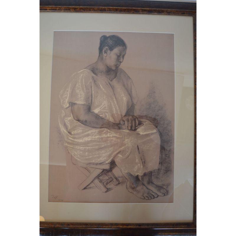 Francisco Zuniga était un artiste mexicain né au Costa Rica, surtout connu pour ses peintures et sculptures figuratives stylisées. L'œuvre de Zuniga adopte souvent les qualités de l'art Pre-Columbian.
Crayons de couleur Conté noir et sépia,