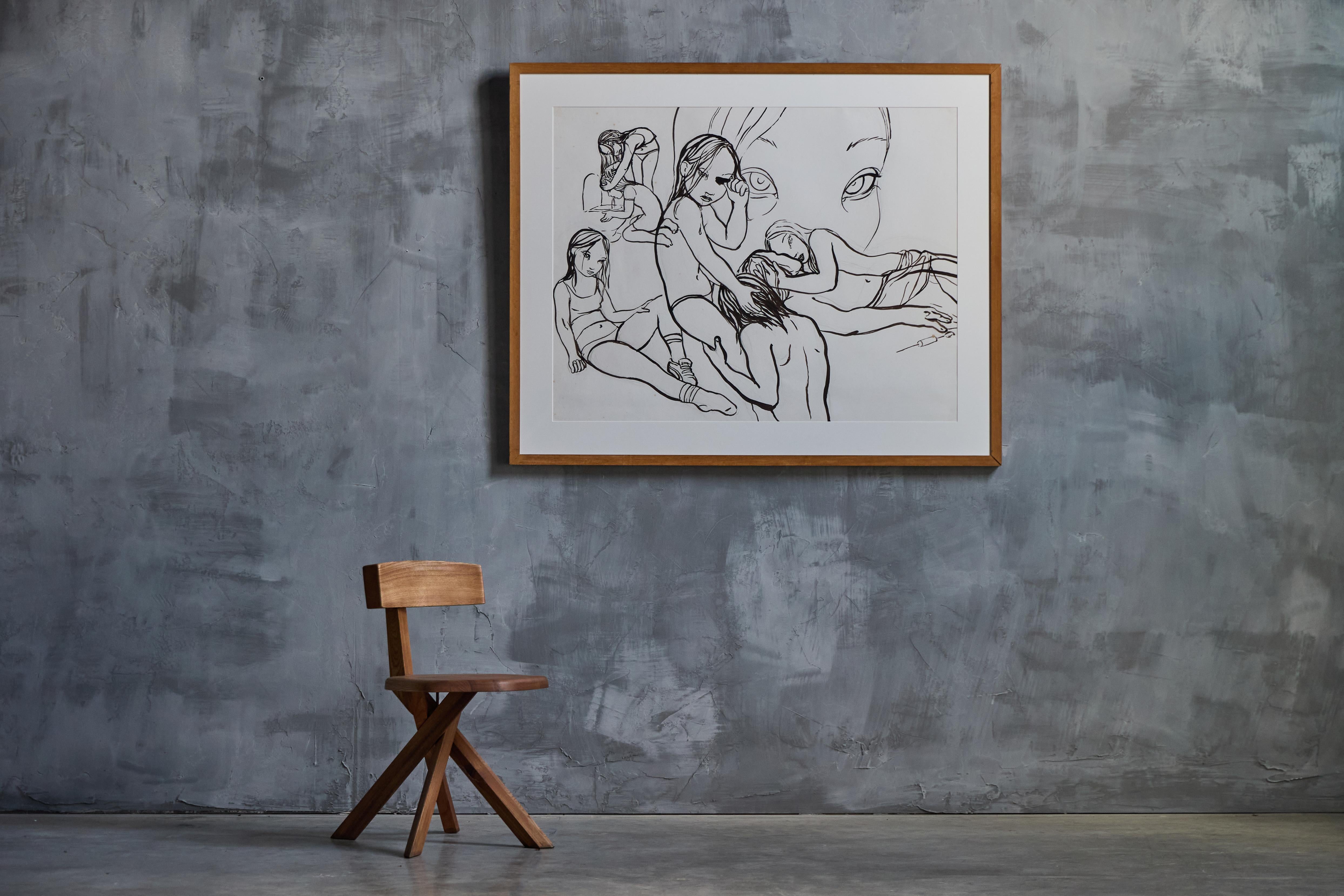 This artwork by Rita Ackermann, rendered in her signature raw, expressive style, captures the essence of youthful turmoil and rebellion. Created in the 1990s, a pivotal period for the artist, the drawing is executed in ink on paper, featuring