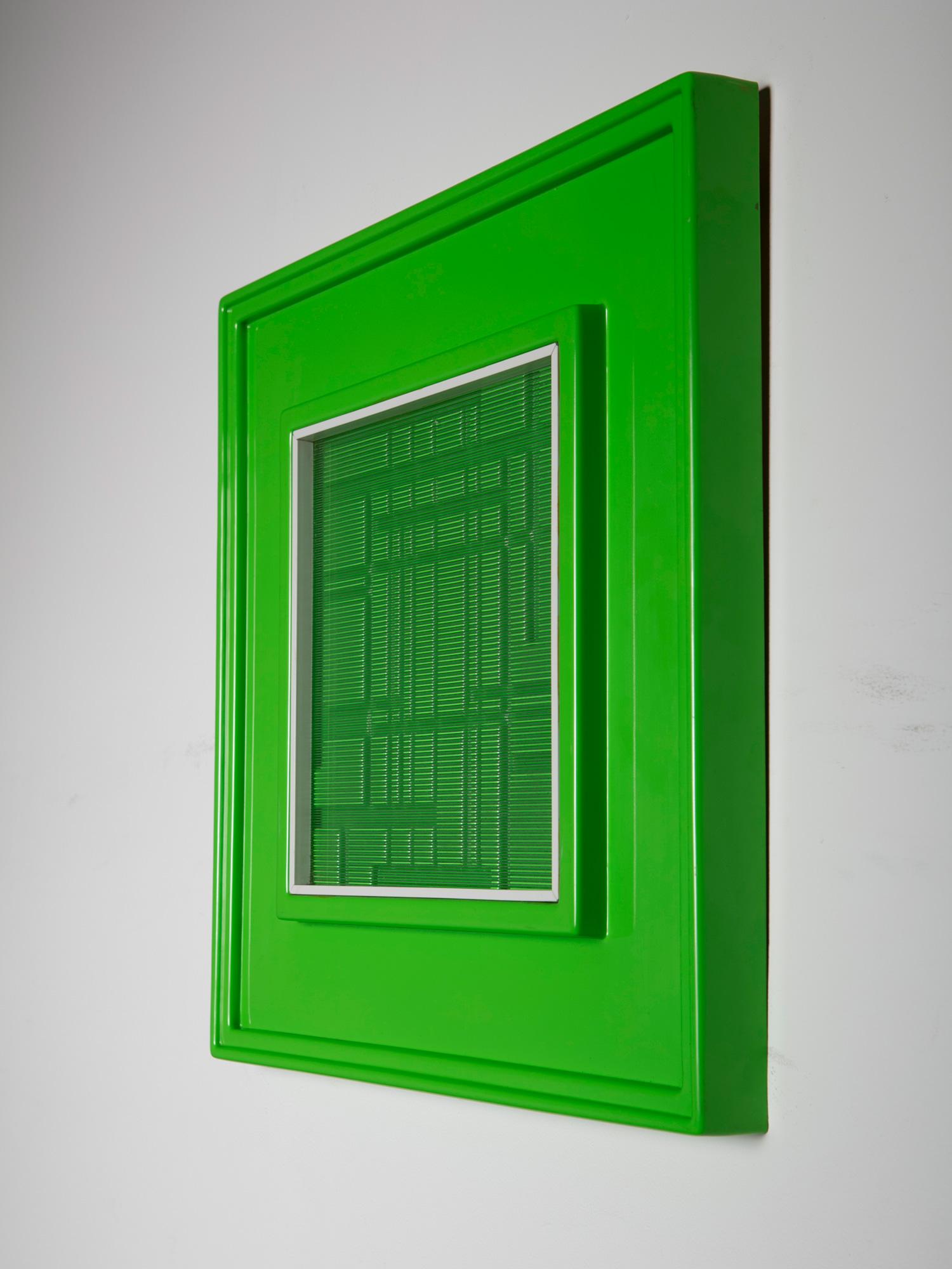 Intriguing work by Urano Palma.
Molded plastic shell, glass panel and lacquered wood frame. 
Part of a limited numbered edition of 500 specimens.