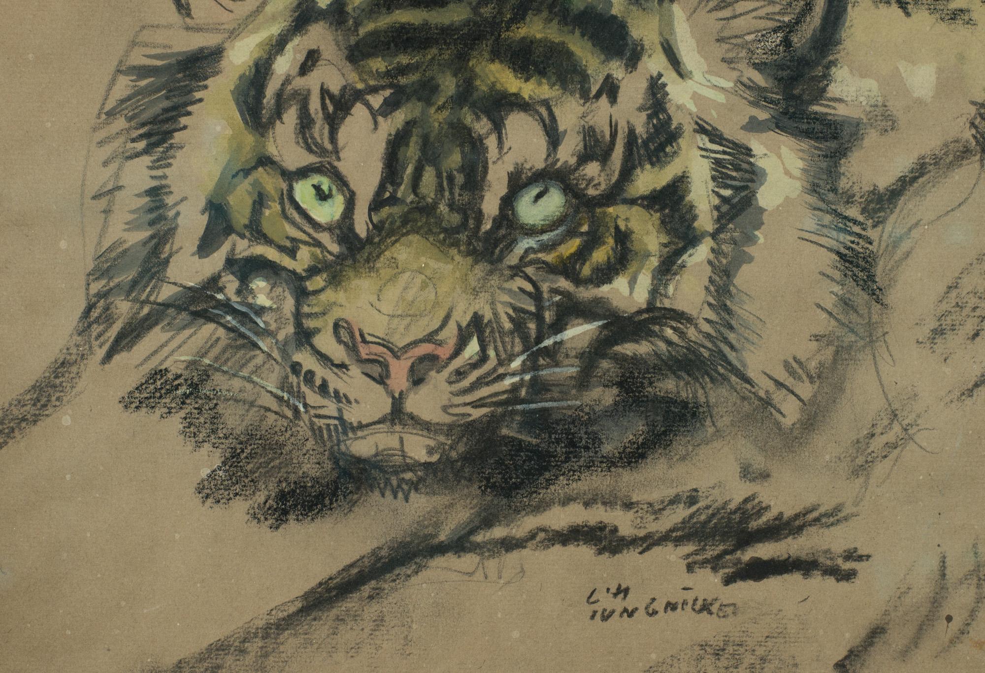 Artwork Tiger painted by Ludwig Heinrich Jungnickel pencil carbon and watercolor on paper ca. 1930 signed German-Austrian painter 

Ludwig Heinrich Jungnickel was one of the most famous co-workers of the Wiener Werkstatte. His most renowned work