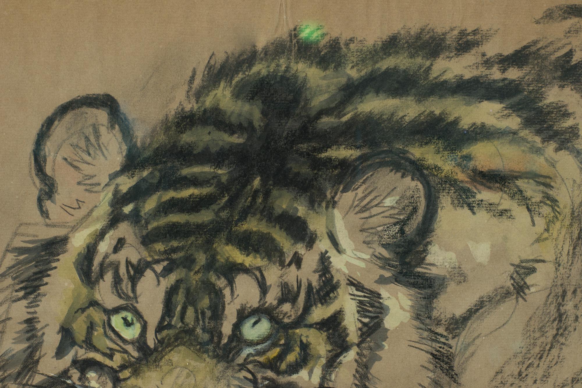Modern Artwork Tiger Ludwig Heinrich Jungnickel Carbon Watercolor on Paper circa 1930