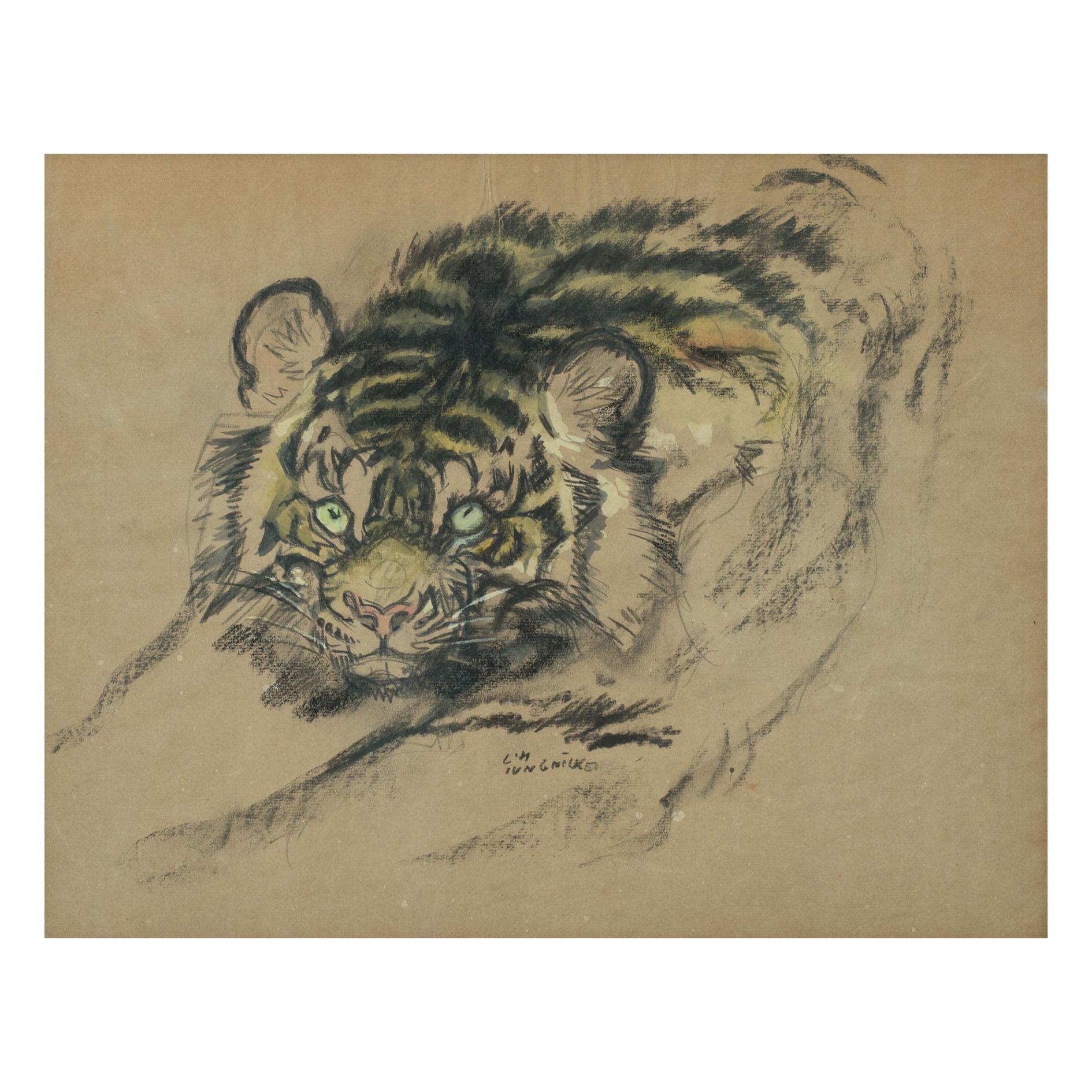 Austrian Artwork Tiger Ludwig Heinrich Jungnickel Carbon Watercolor on Paper circa 1930