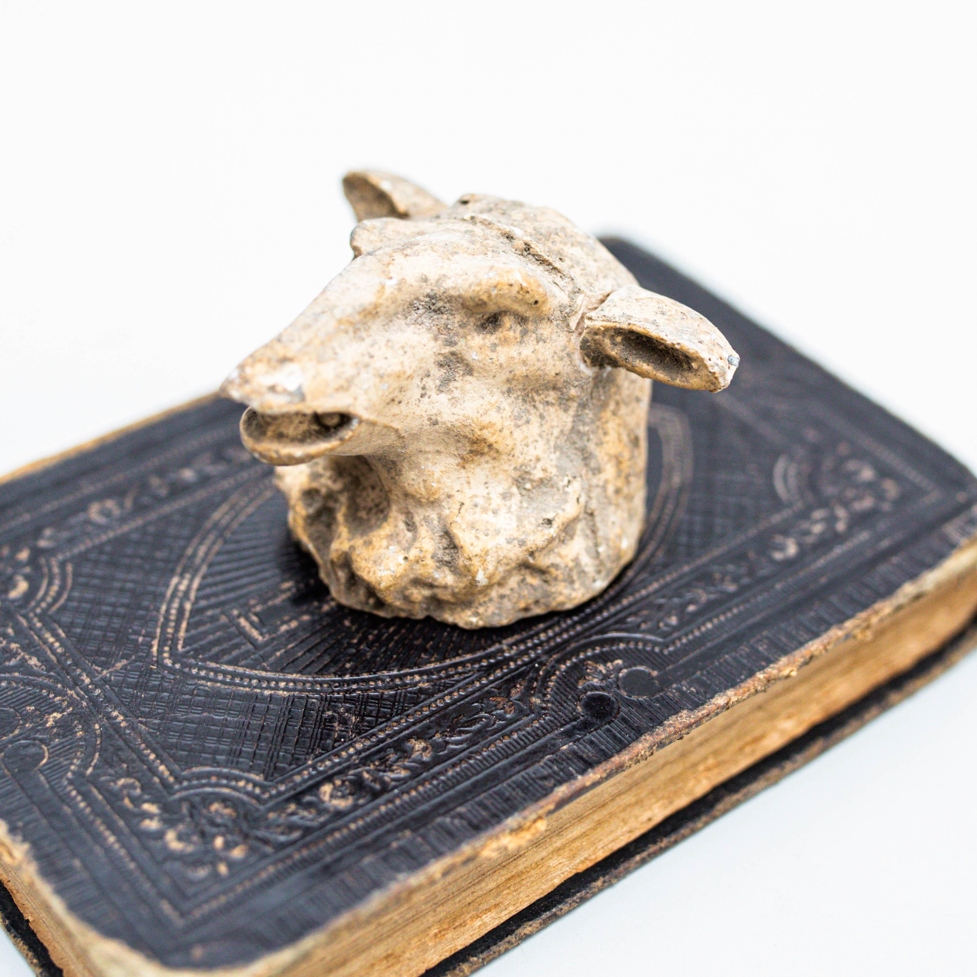 Legno Opera d'arte con vecchio libro e scultura di testa di animale misterioso, circa 1990 in vendita