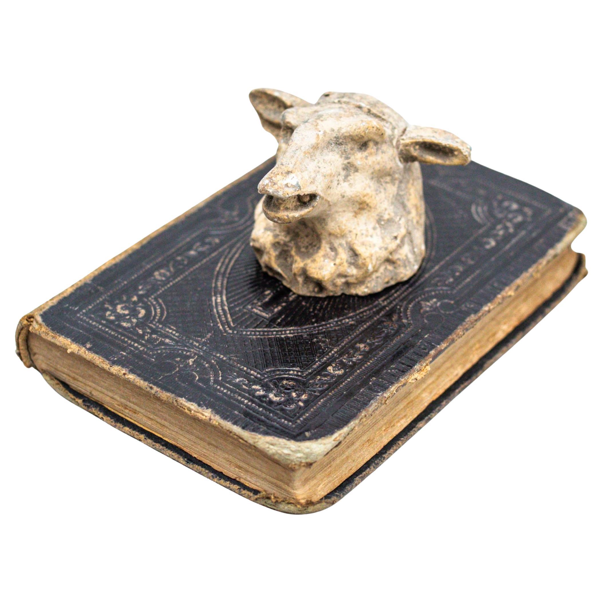 Opera d'arte con vecchio libro e scultura di testa di animale misterioso, circa 1990