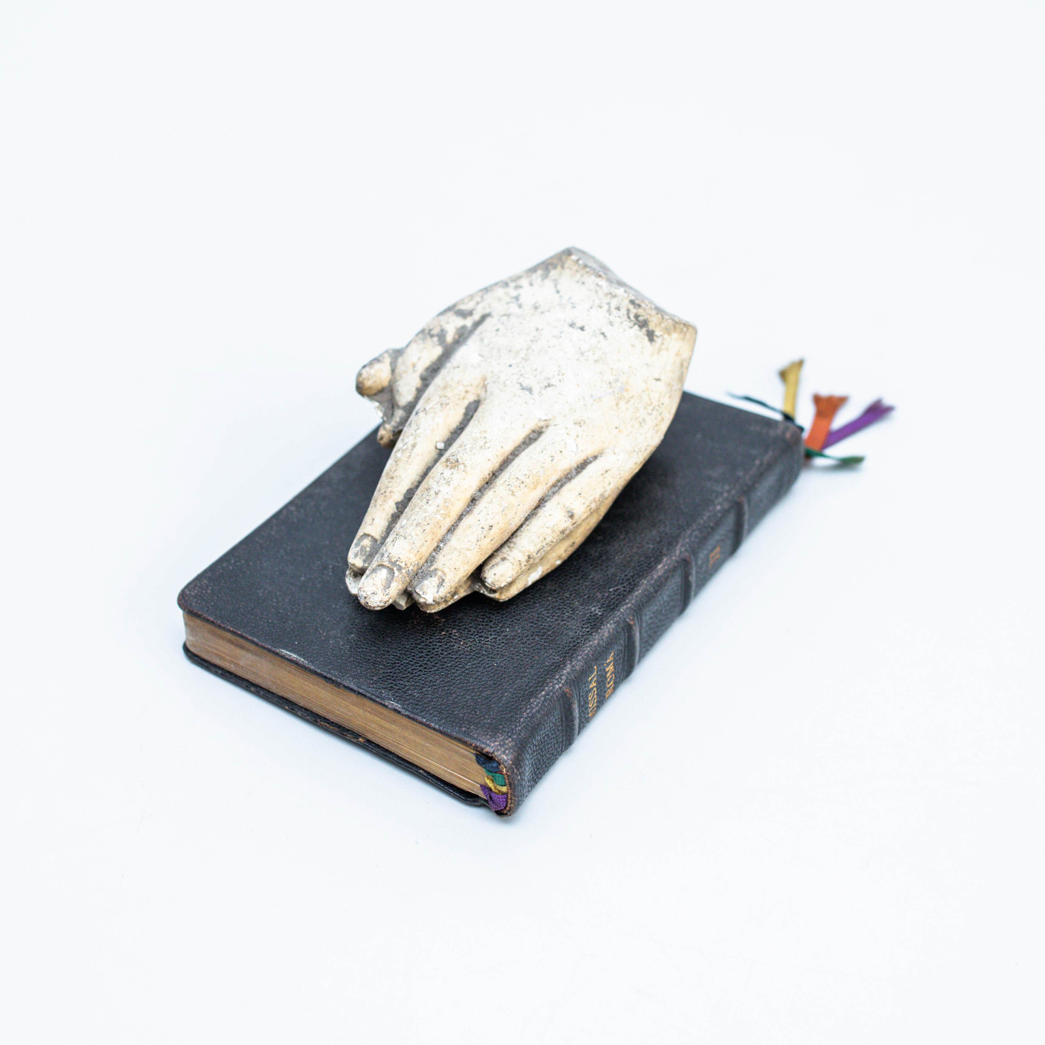 Spanish Artwork with Old Book and Mysterious Praying Hands, Circa 1990 For Sale