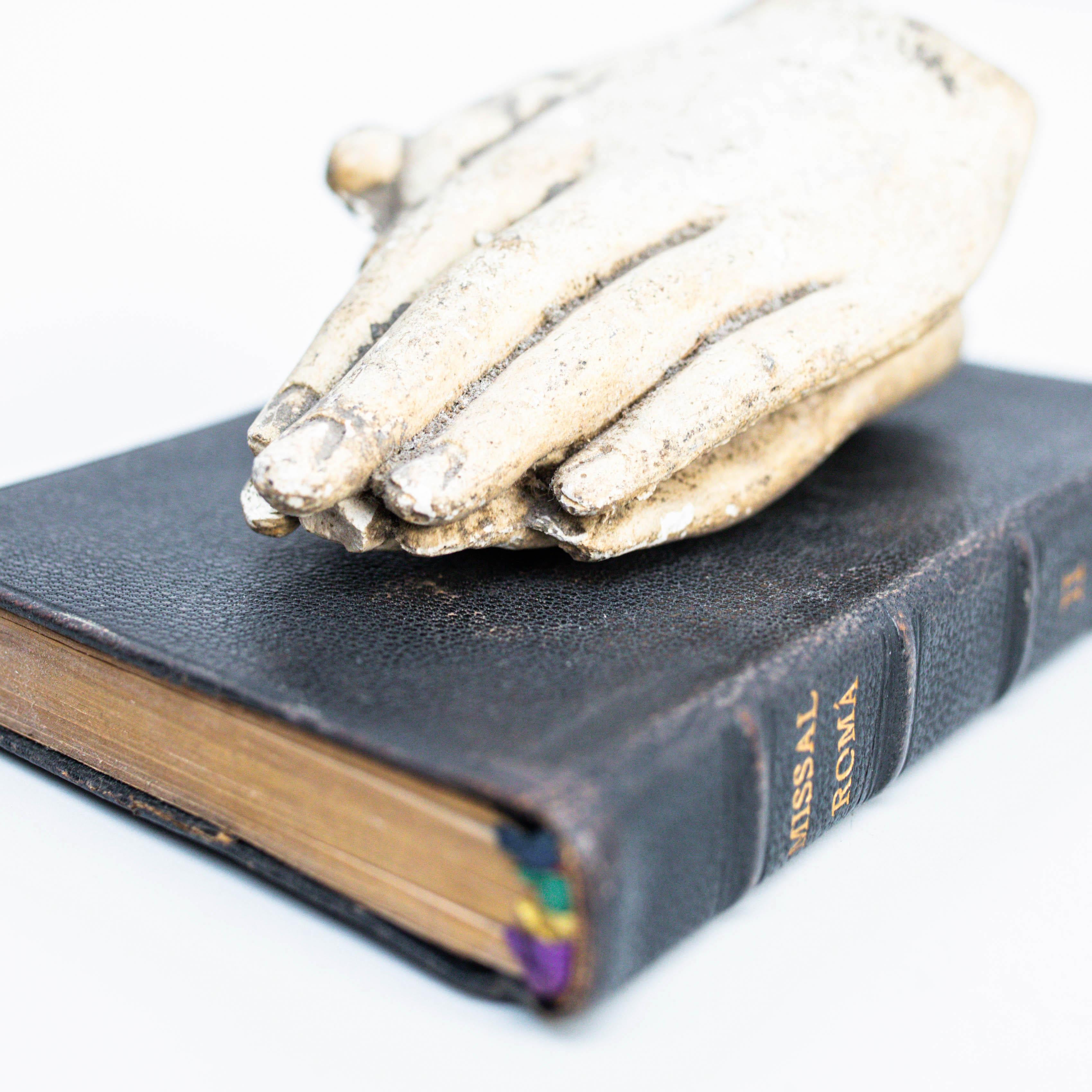 Late 20th Century Artwork with Old Book and Mysterious Praying Hands, Circa 1990 For Sale