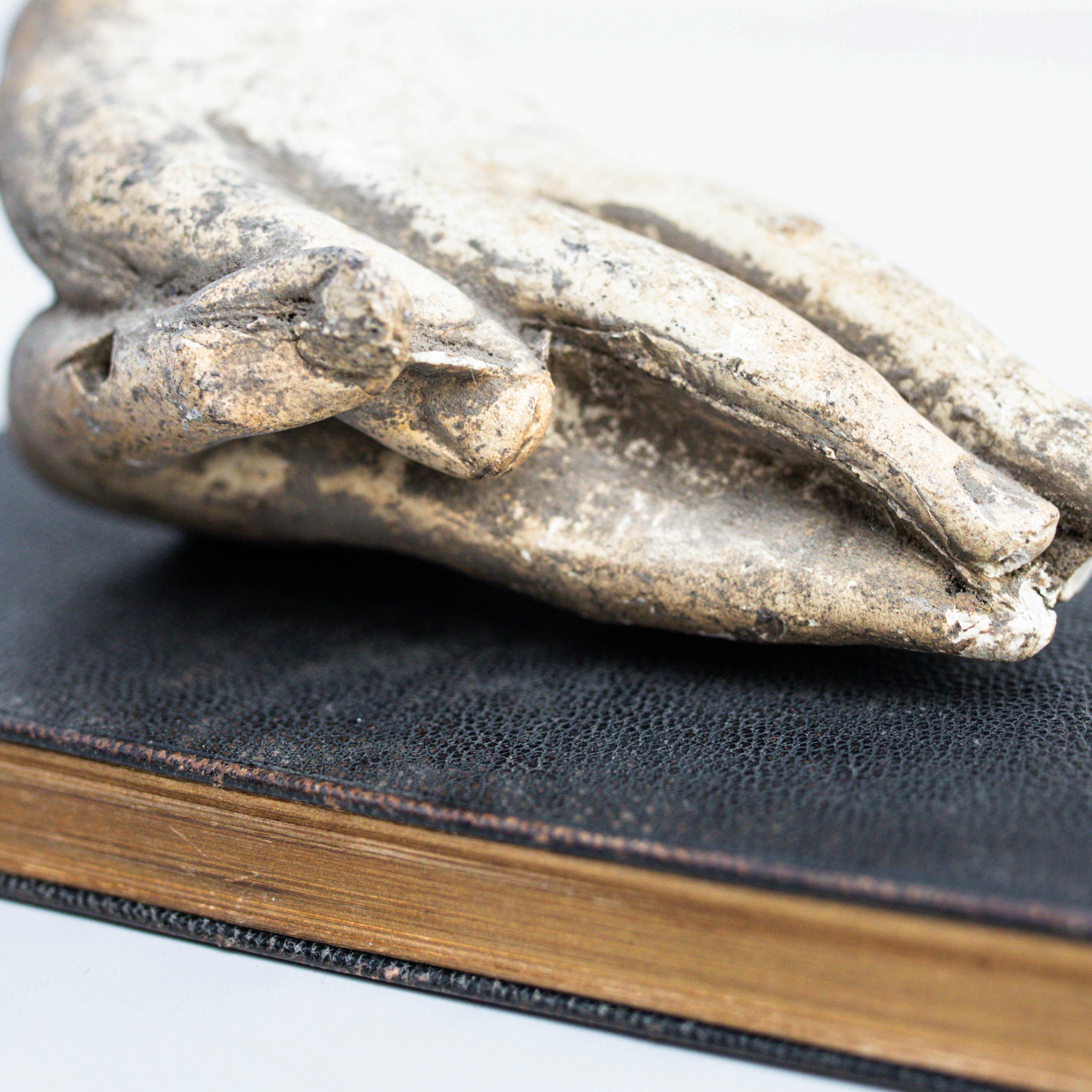 Wood Artwork with Old Book and Mysterious Praying Hands, Circa 1990 For Sale