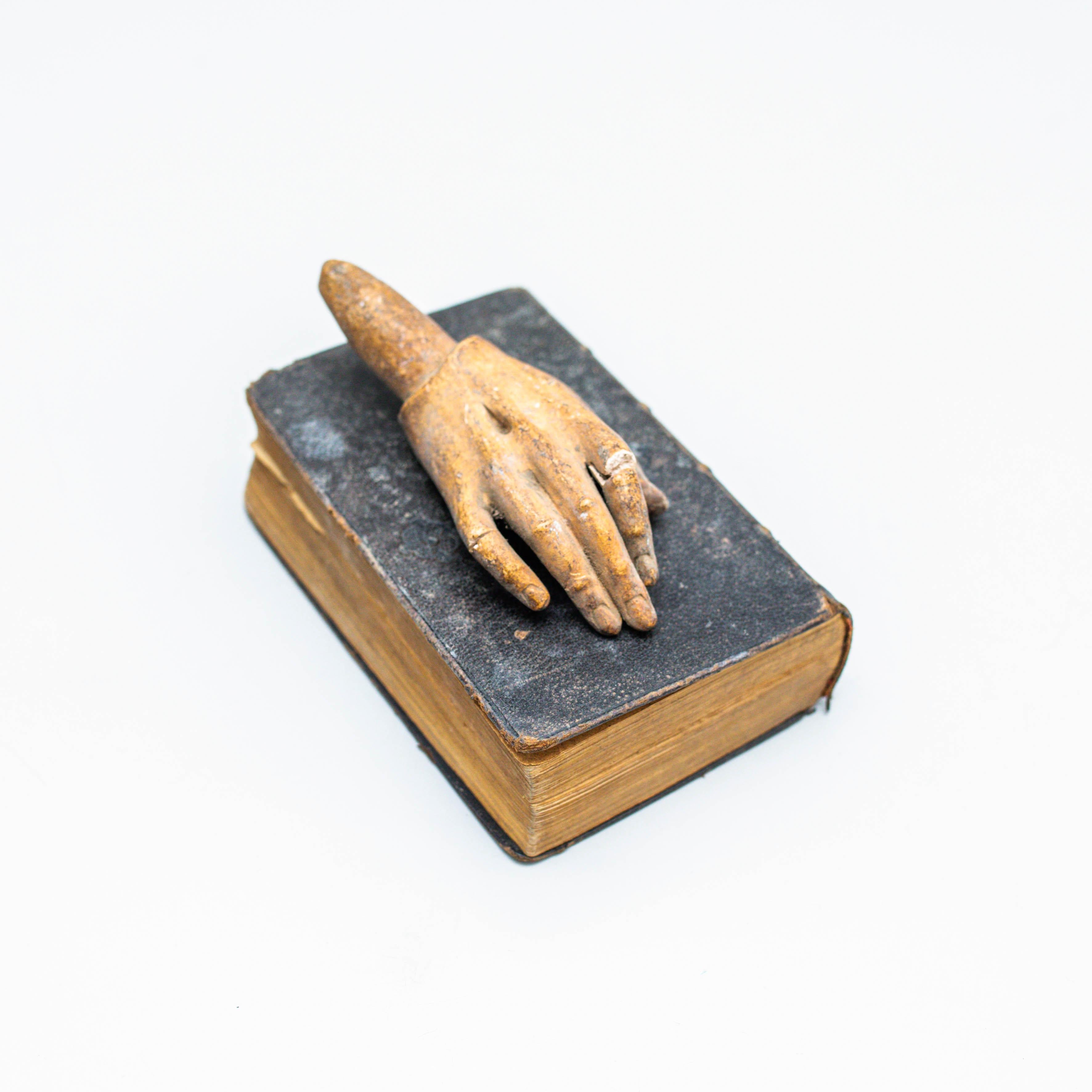 Artwork With Old Book and Mysterious Sculpture Hand, Circa 1990  In Good Condition For Sale In Barcelona, Barcelona