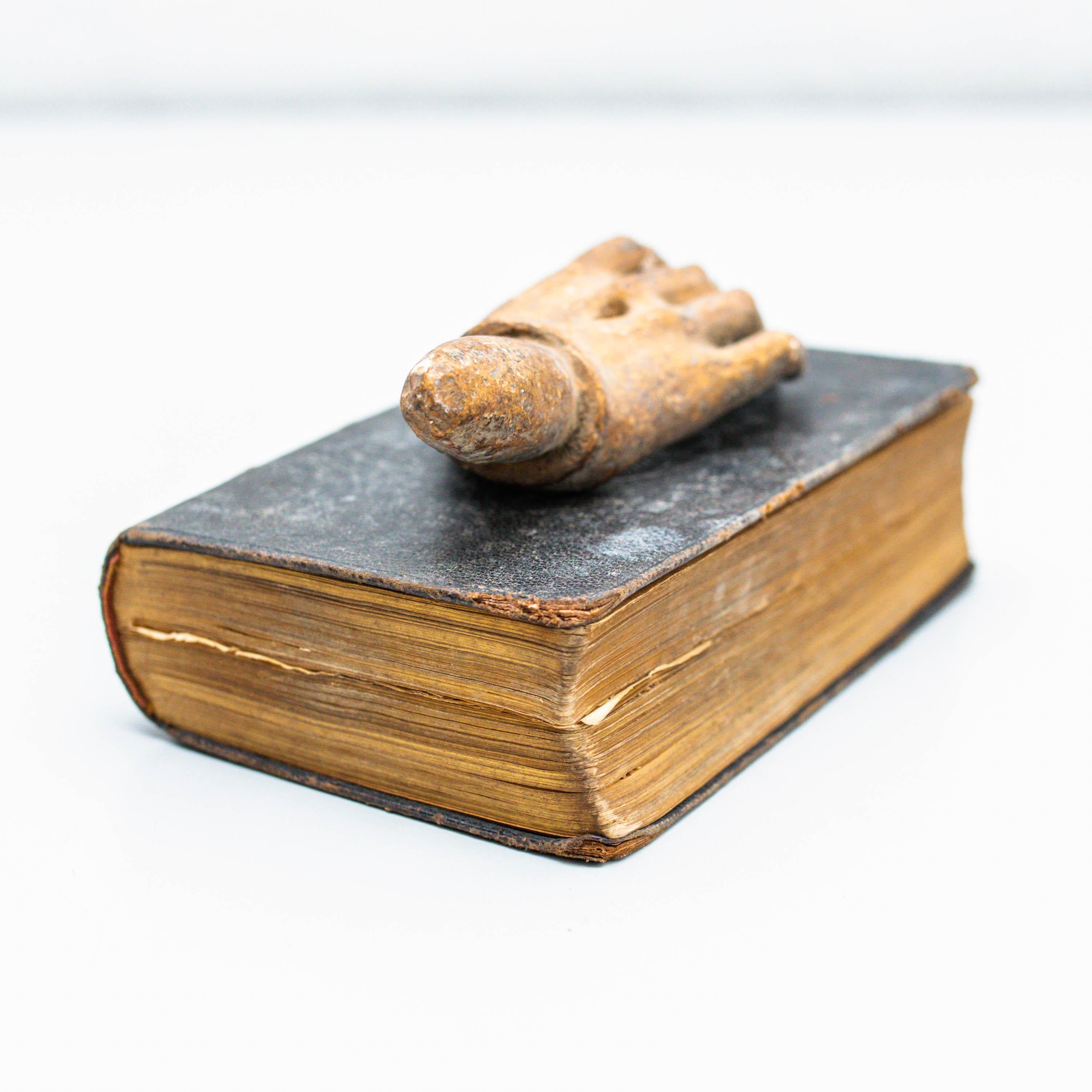 Wood Artwork With Old Book and Mysterious Sculpture Hand, Circa 1990  For Sale