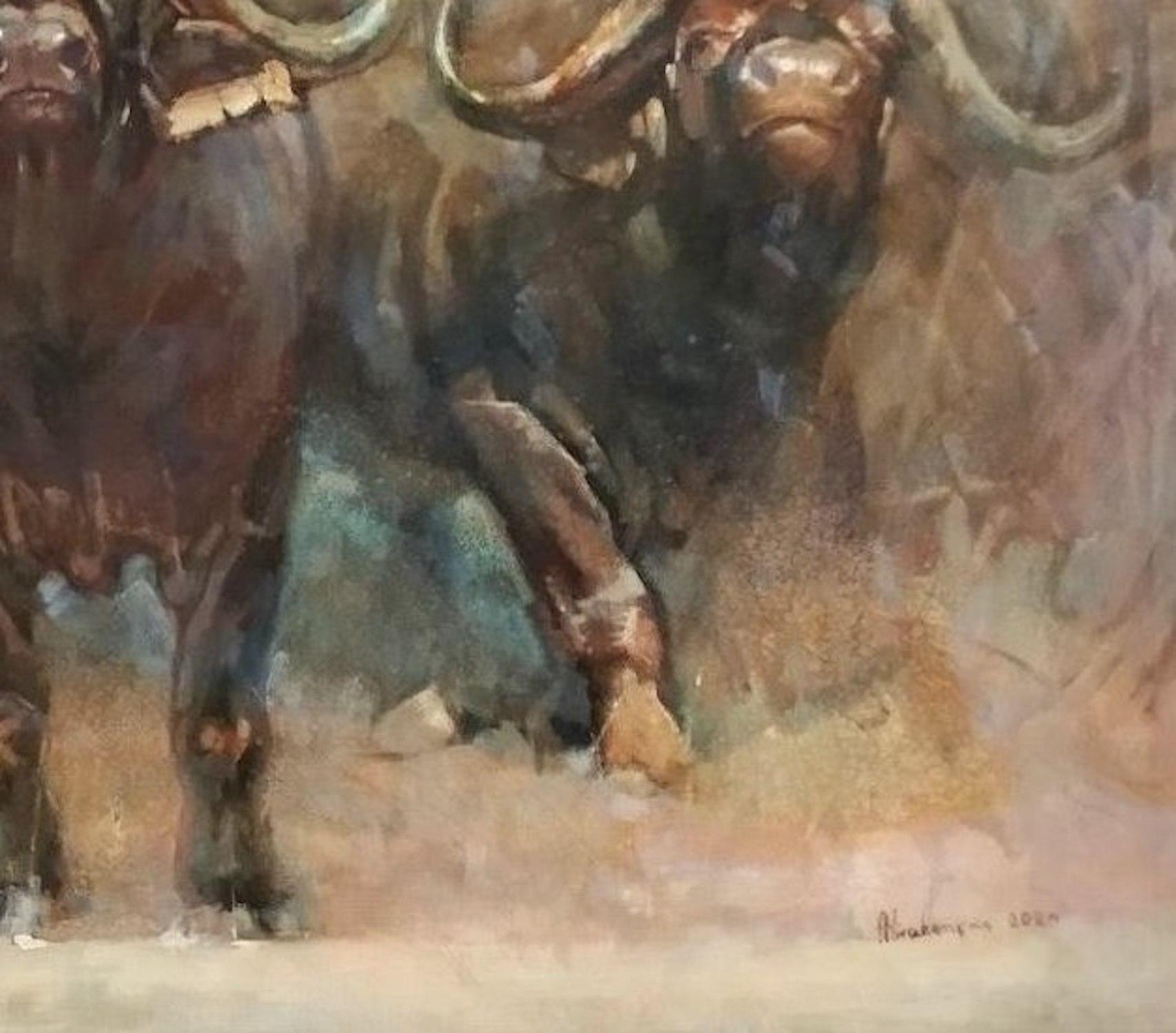 Artist: Artyom Abrahamyan,
Work: Original Oil Painting, Handmade artwork, One of a Kind 
Medium: Oil on Canvas 
Year: 2024
Style: Impressionism,  
Title: Buffalos,
Size: 39 x 59 x1 inch,  (10x150x3cm)
Unframed, Stretched on Wooden Bar, Gallery