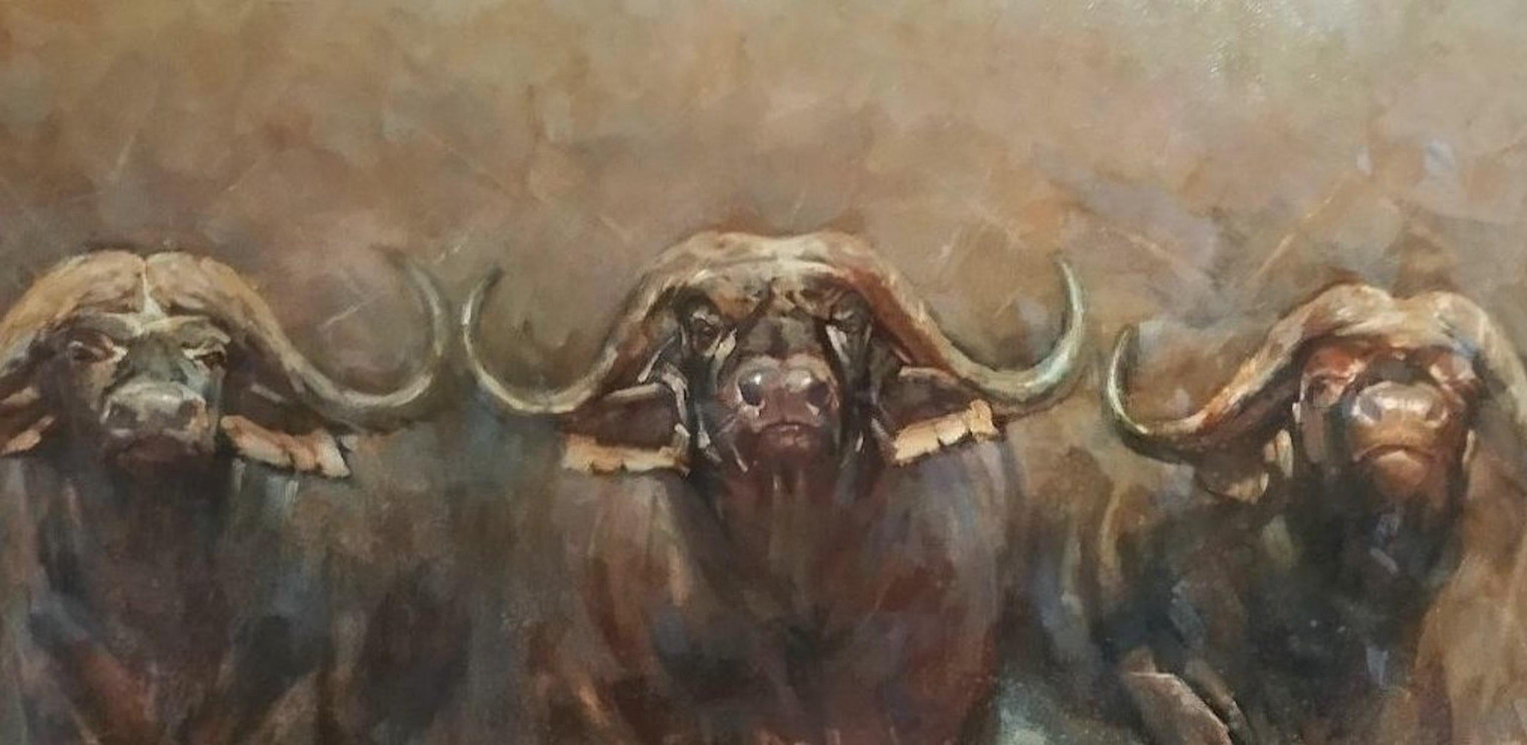 Buffalos, Animal, Original Oil Painting, One of a Kind, Ready to Hang For Sale 1