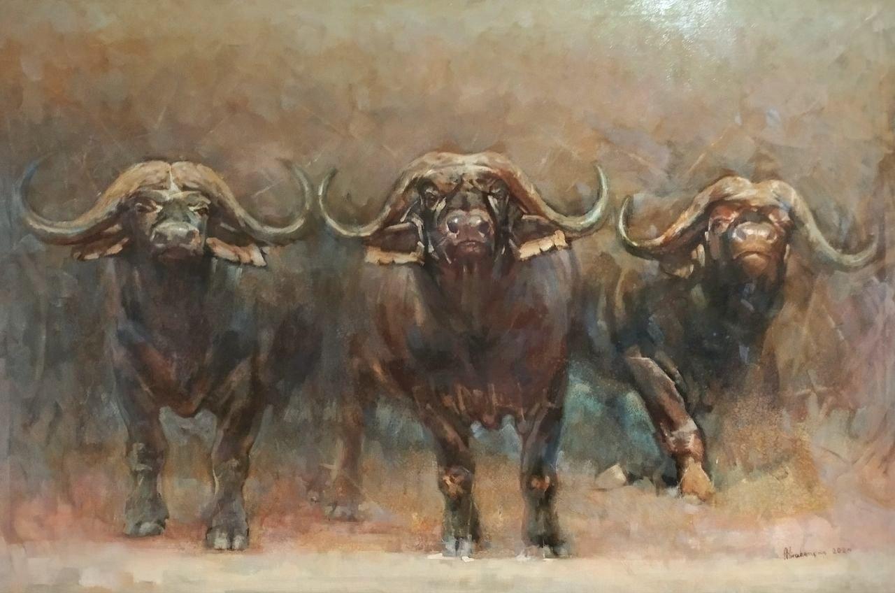 Artyom Abrahamyan Animal Painting - Buffalos, Animal, Original Oil Painting, One of a Kind, Ready to Hang