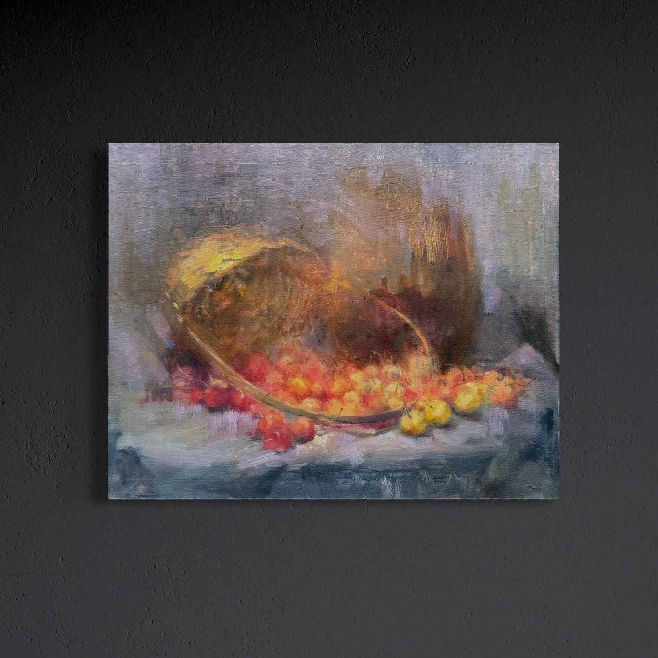 Stilleben mit Kirschen Original Ölgemälde, Unikat – Painting von Artyom Abrahamyan