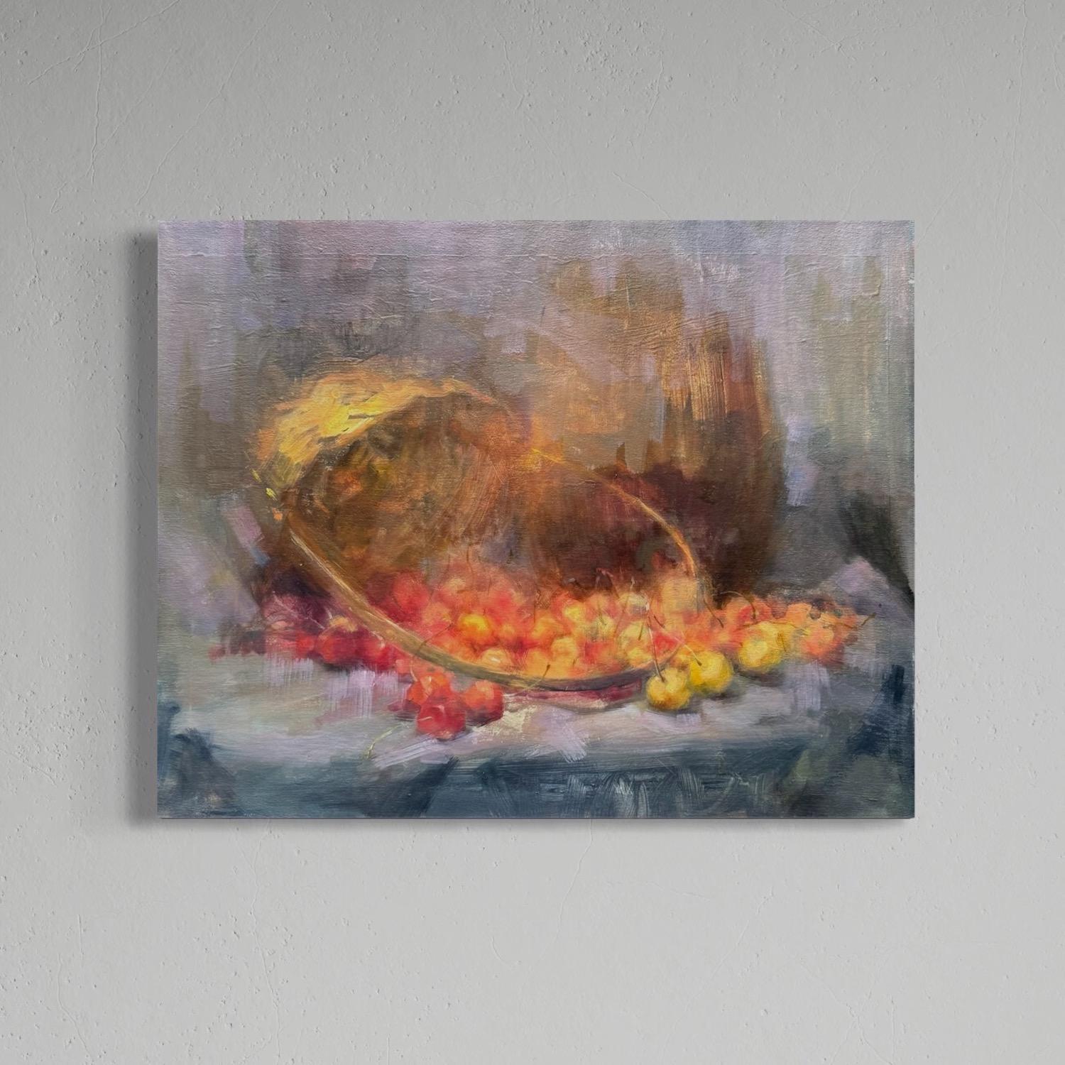 Stilleben mit Kirschen Original Ölgemälde, Unikat (Realismus), Painting, von Artyom Abrahamyan