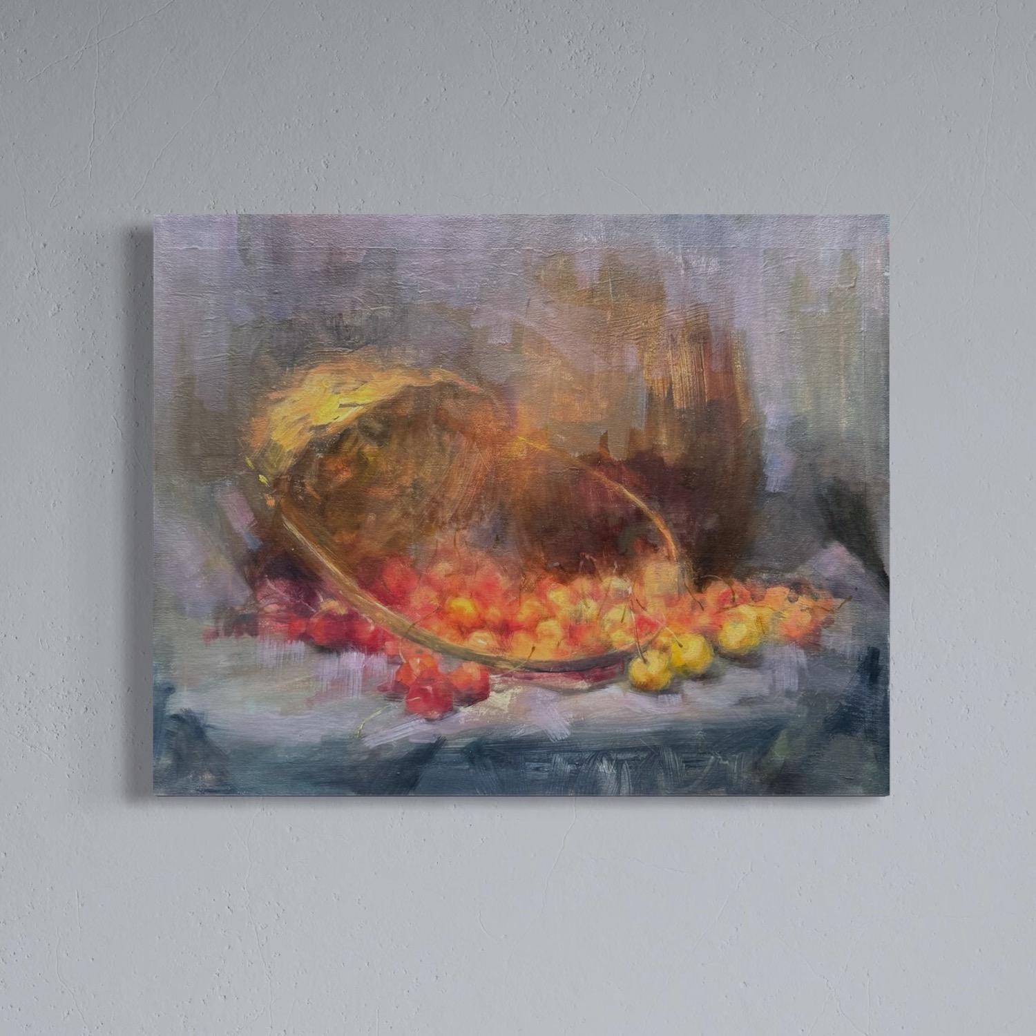 Stilleben mit Kirschen Original Ölgemälde, Unikat (Braun), Still-Life Painting, von Artyom Abrahamyan