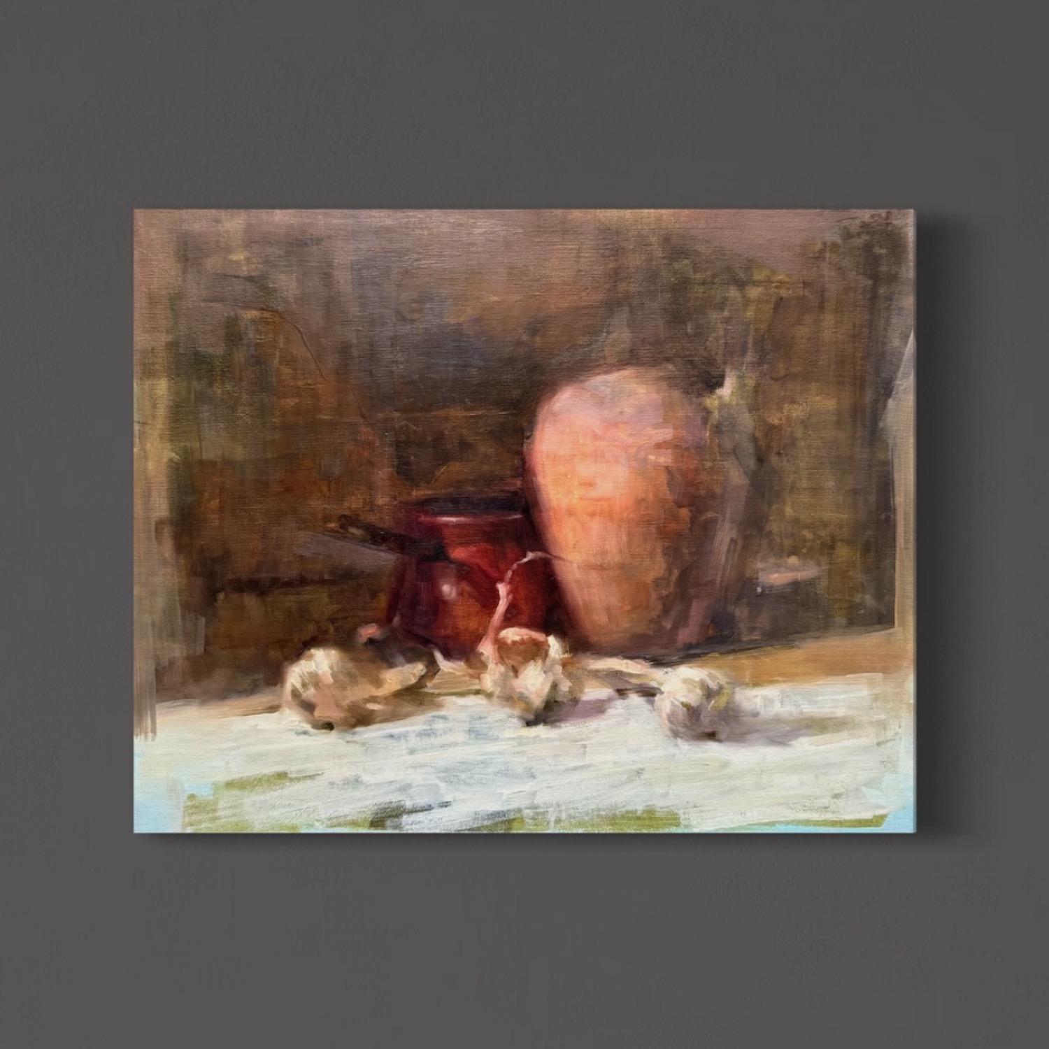 Stilleben mit Zwiebeln Impressionismus Original Ölgemälde, Unikat – Painting von Artyom Abrahamyan