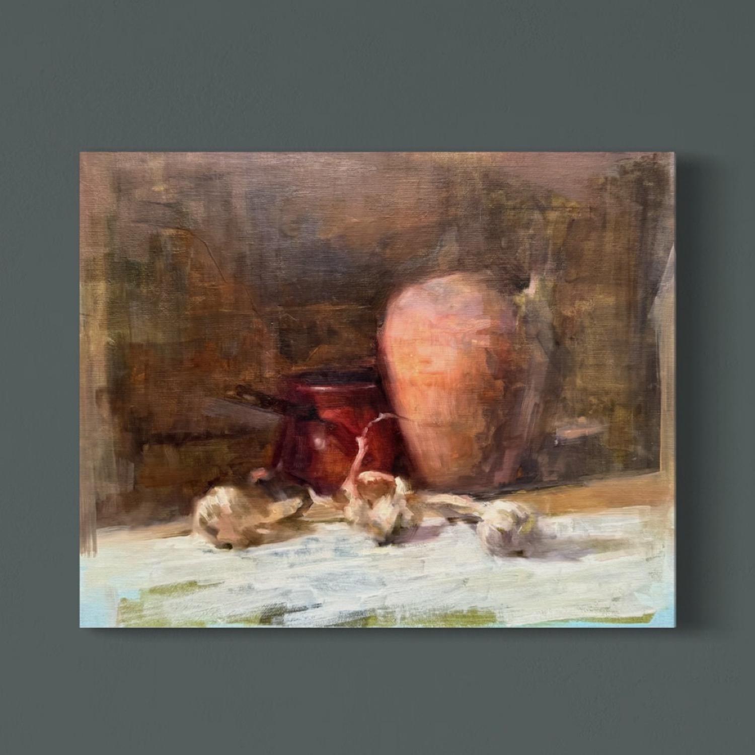 Stilleben mit Zwiebeln Impressionismus Original Ölgemälde, Unikat (Realismus), Painting, von Artyom Abrahamyan
