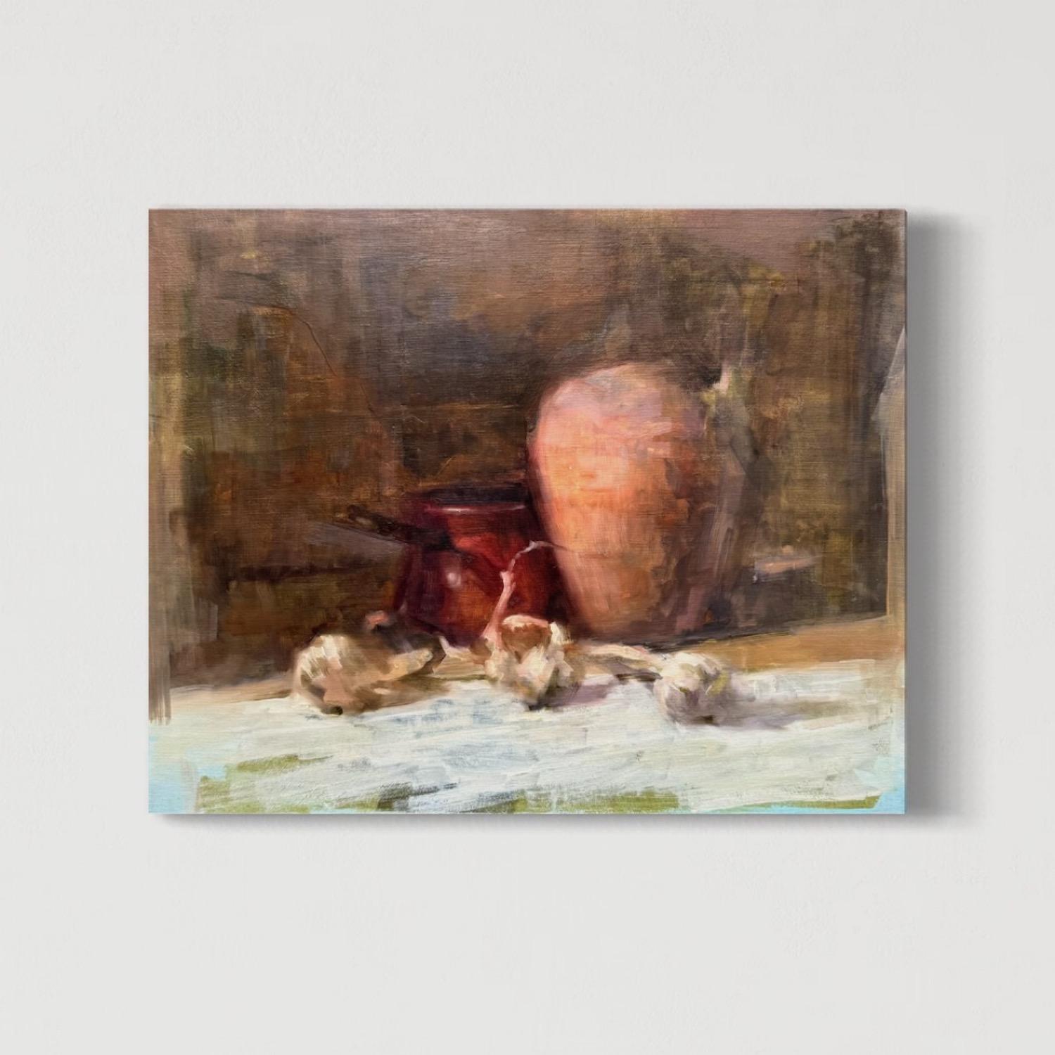 Stilleben mit Zwiebeln Impressionismus Original Ölgemälde, Unikat (Braun), Still-Life Painting, von Artyom Abrahamyan