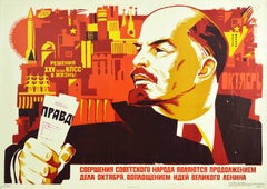 Original Retro Soviet Poster Lenin October Revolution Pravda USSR XXV Congress