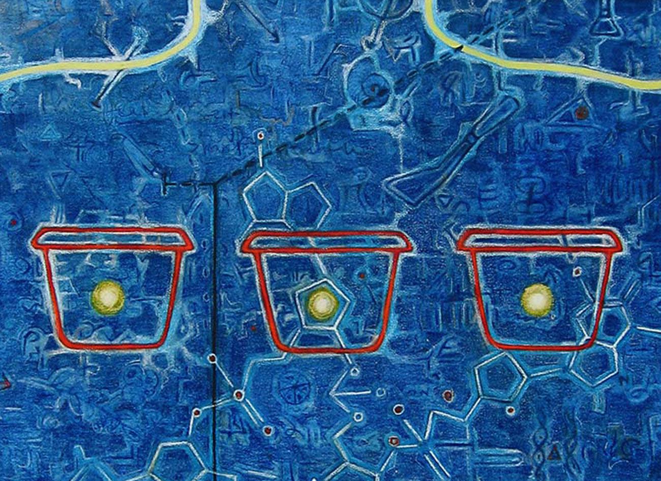Existence, Charcoal, Earth color, Acrylic Painting, Blue, Red, Yellow 