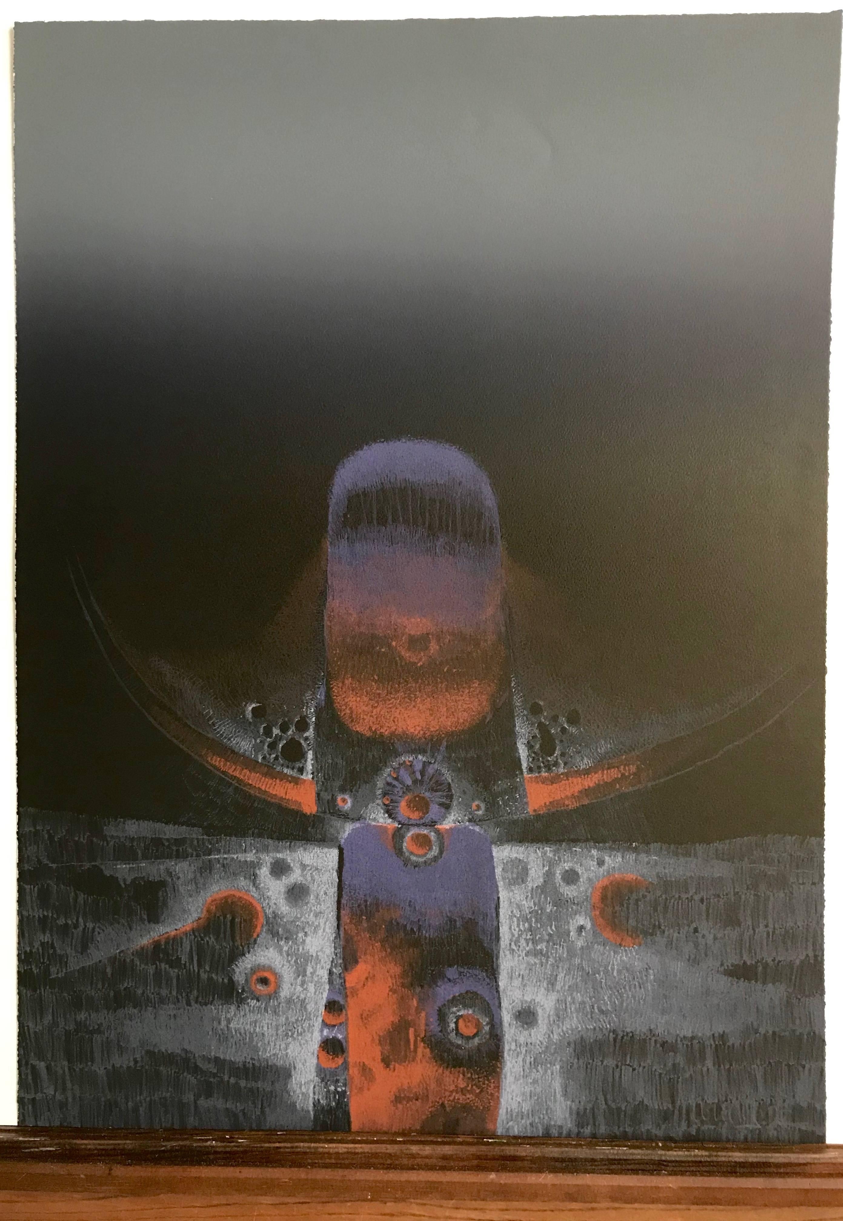 SPIRIT TOTEM Signed Lithograph, Surreal Abstract, South Asian, Purple Red Black  - Print by Arun Bose