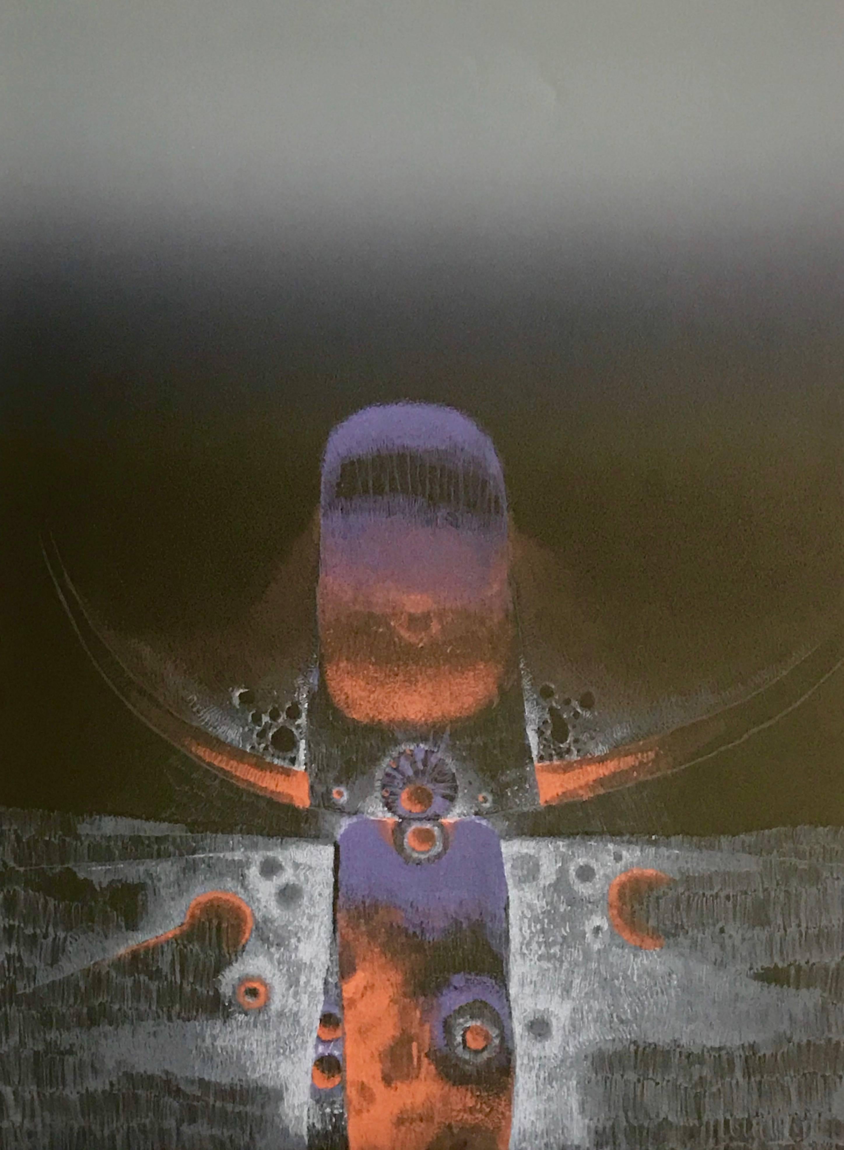 Arun Bose Abstract Print - SPIRIT TOTEM Signed Lithograph, Surreal Abstract, South Asian, Purple Red Black 