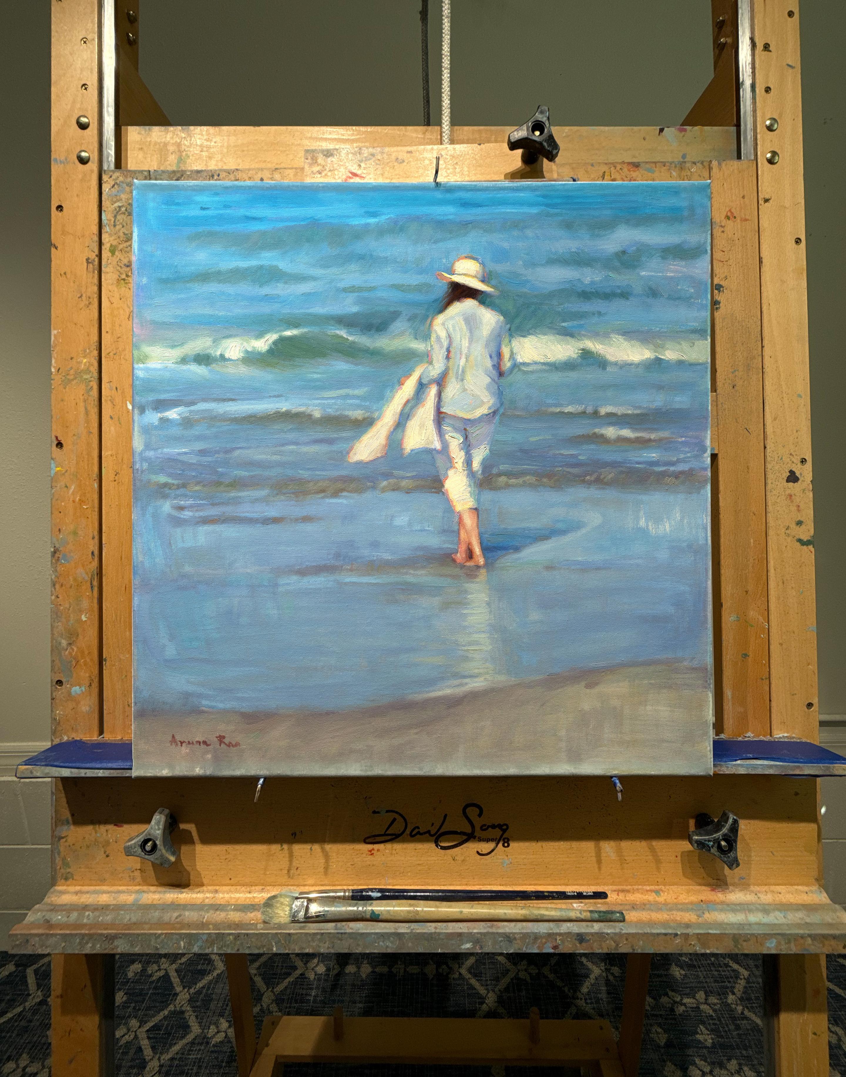 <p>Artist Comments<br>A woman walks along the water's edge, enjoying the quiet solitude of the sea. She sinks into a meditative trance as the world fades away. Soft linen lifts in the breeze, bare feet rest in the shallows, and the gentle pull of