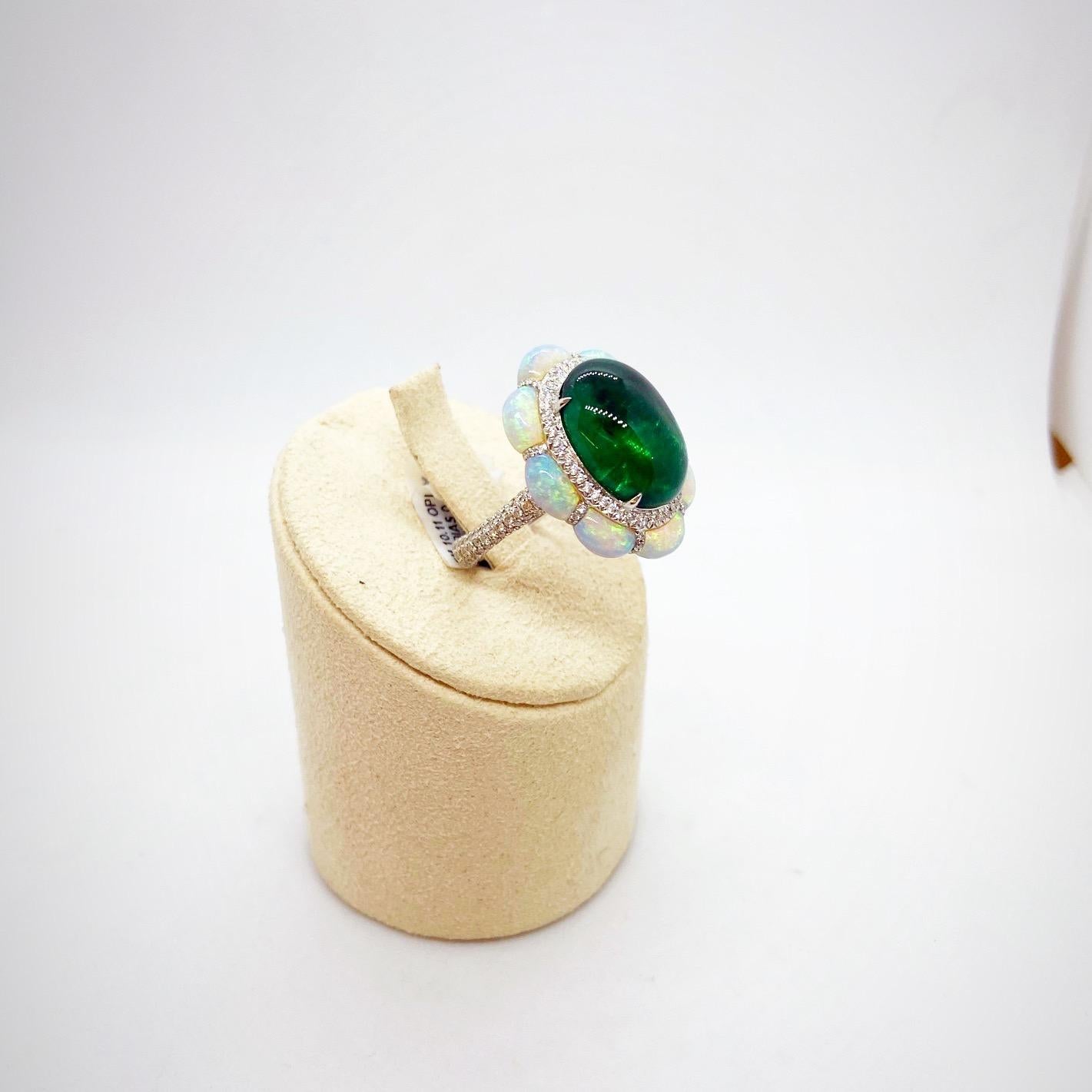 Modern Arunashi 18KT White Gold, 10.11Ct. Cabochon Emerald Ring with Opals & Diamonds For Sale
