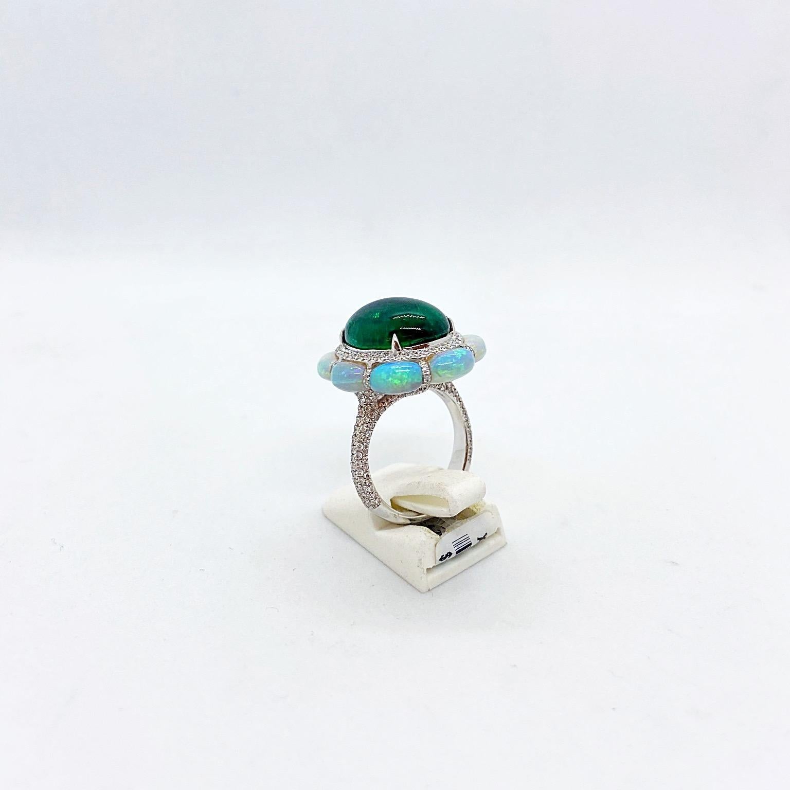 Women's or Men's Arunashi 18KT White Gold, 10.11Ct. Cabochon Emerald Ring with Opals & Diamonds For Sale
