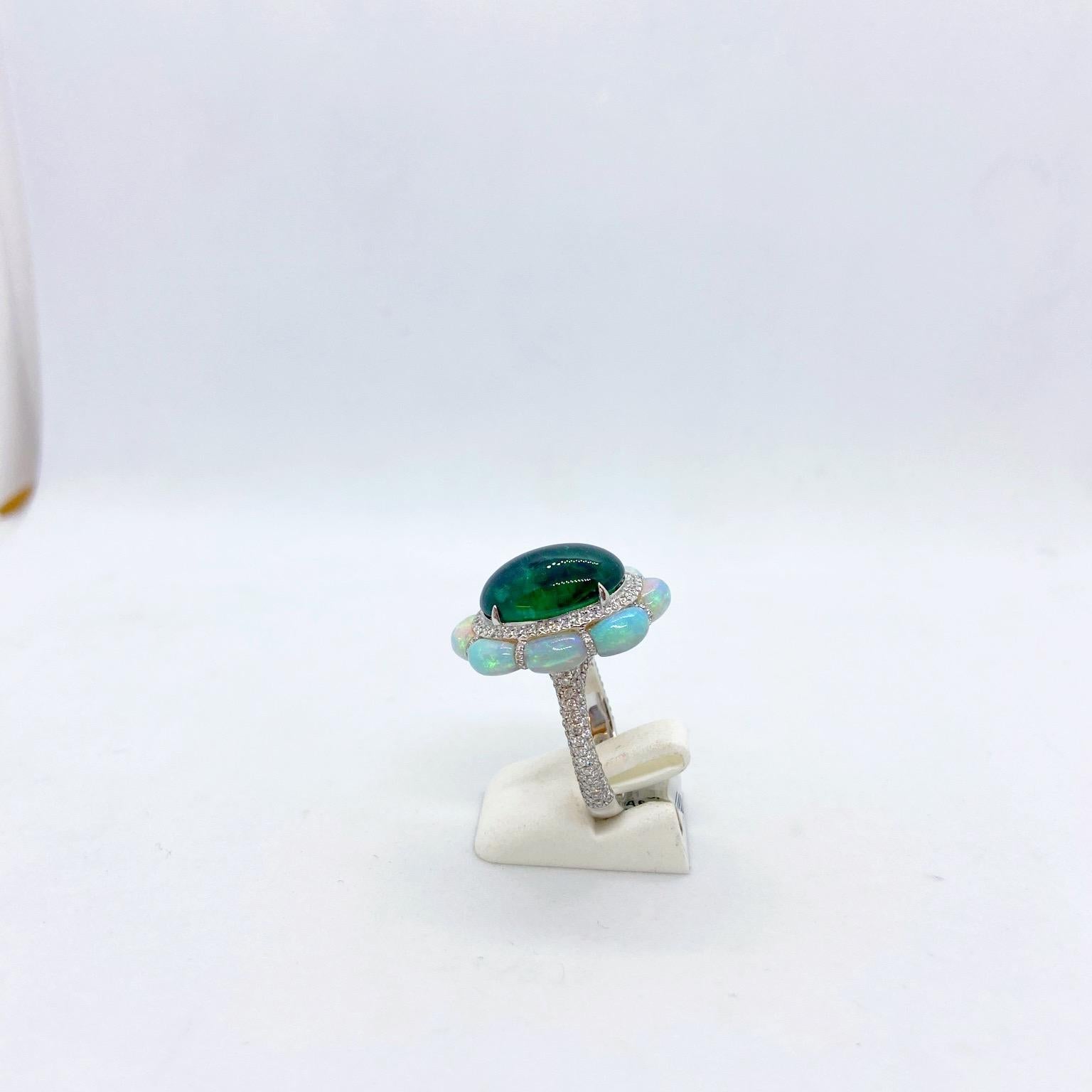 Arunashi 18KT White Gold, 10.11Ct. Cabochon Emerald Ring with Opals & Diamonds For Sale 1