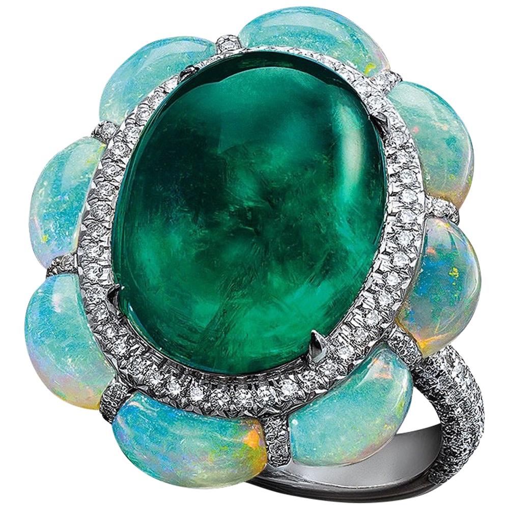 Arunashi 18KT White Gold, 10.11Ct. Cabochon Emerald Ring with Opals & Diamonds For Sale
