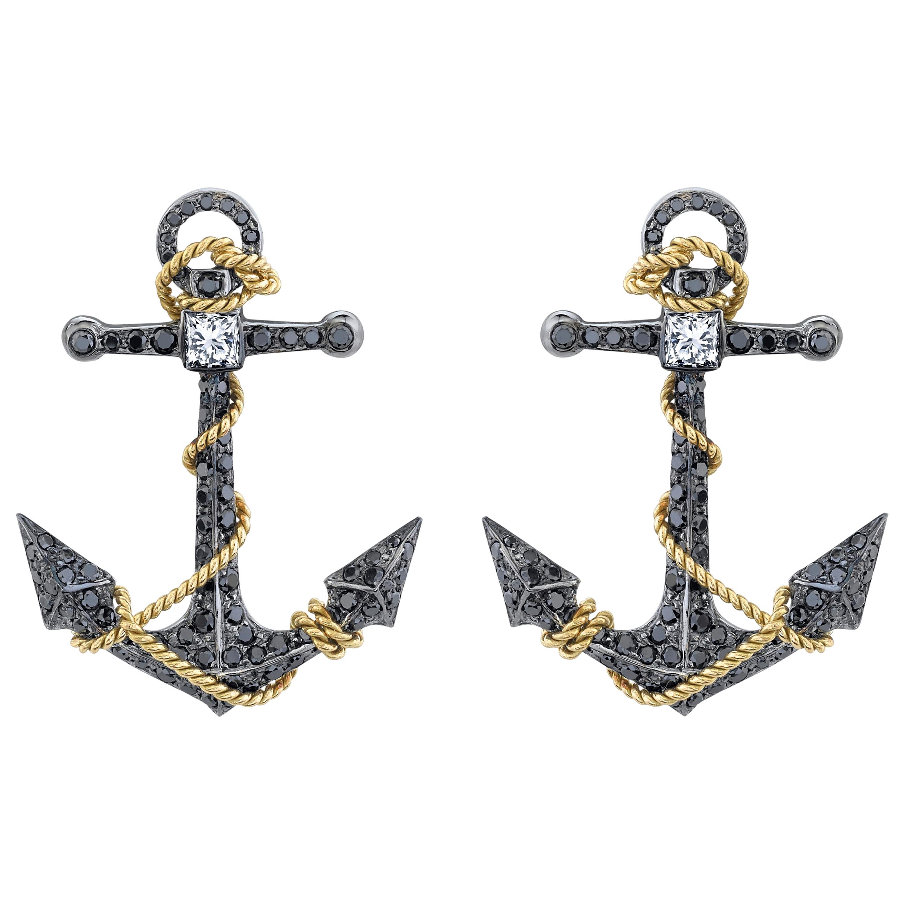 Arunashi Black Diamond Anchor Earrings, 18 Karat Gold For Sale