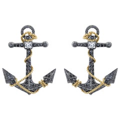 Arunashi Black Diamond Anchor Earrings, 18 Karat Gold