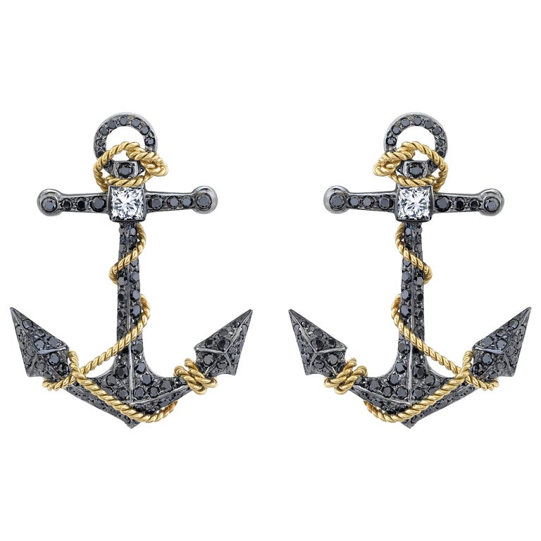 Arunashi Black Diamond Anchor Earrings, 18 Karat Gold For Sale at 1stDibs