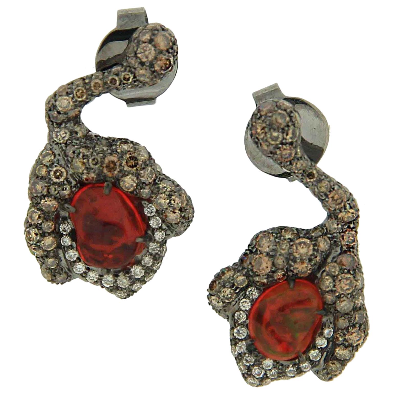 Arunashi Fire Opal Flower Bud Earrings, 18 Karat Blackened Gold For Sale