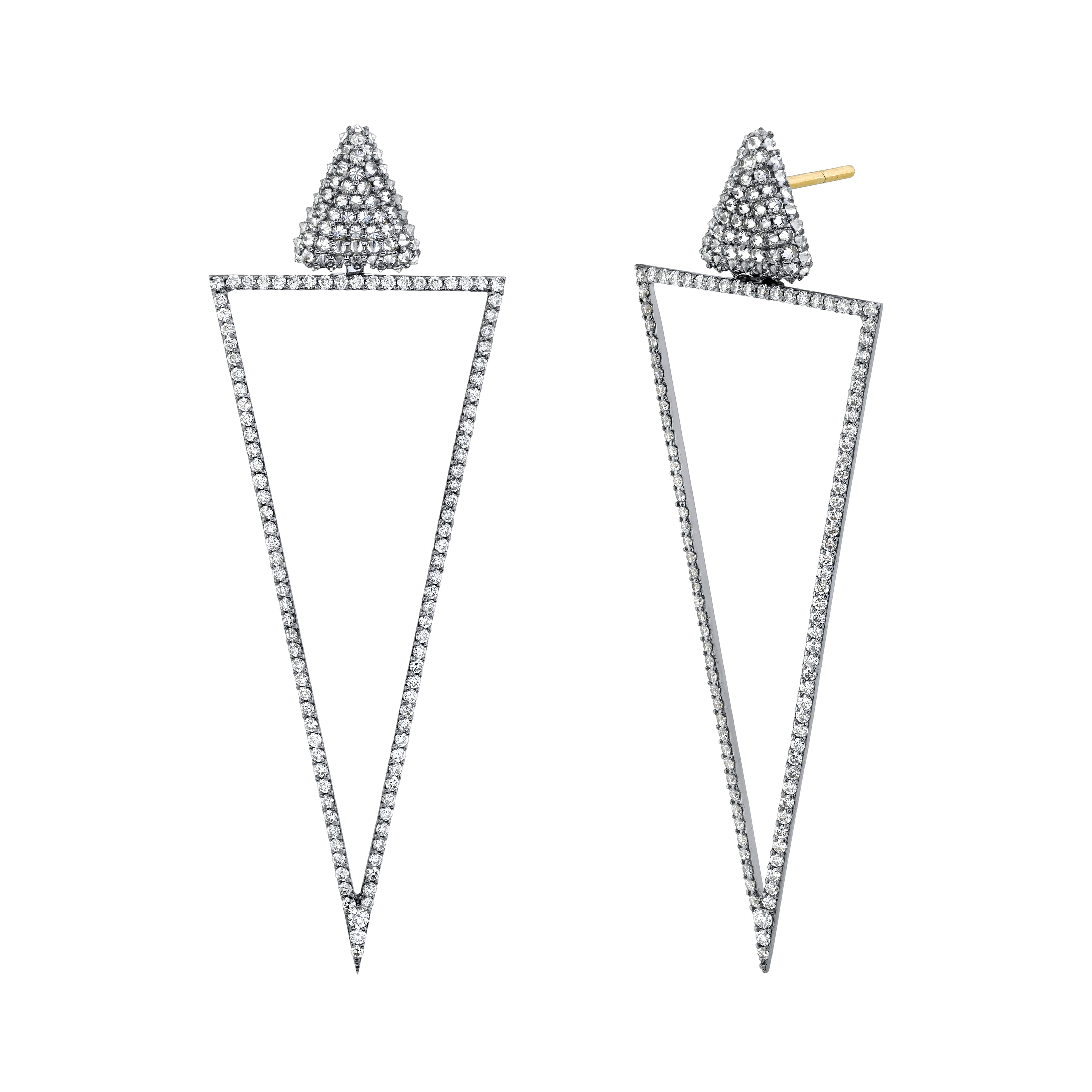 These beautiful earrings feature 1.99 carats of dazzling diamonds set in 18 karat blackened gold. The uniquely designed triangle-shaped stud portion of these earrings features reverse set diamonds. The drop portion of these earrings features