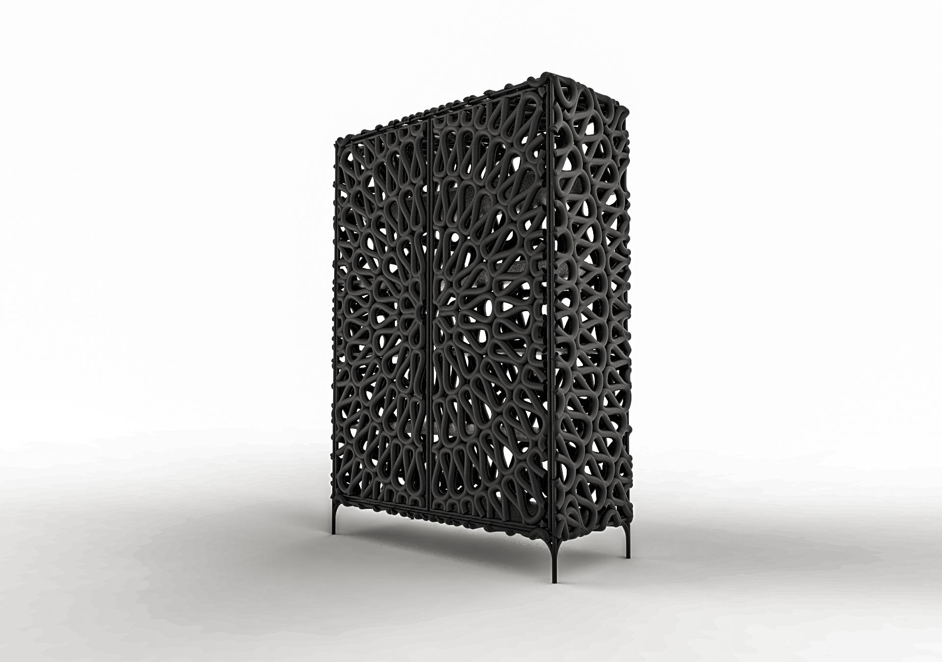 The sinuous interlace is contained by the rectangular frame. Reveals in the movement of lines the poetry of design that rests in the history and memory of Brazilian social formation. The Arupemba Cabinet exalts the heritage of indigenous culture