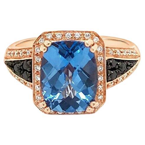 Arusha Exotics Ring Blue Topaz Black Diamonds Vanilla Diamonds 14K Rose Gold For Sale