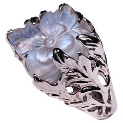Сarved Moonstone White Gold Ring Flower Shape Natural Burmese Stone Unisex